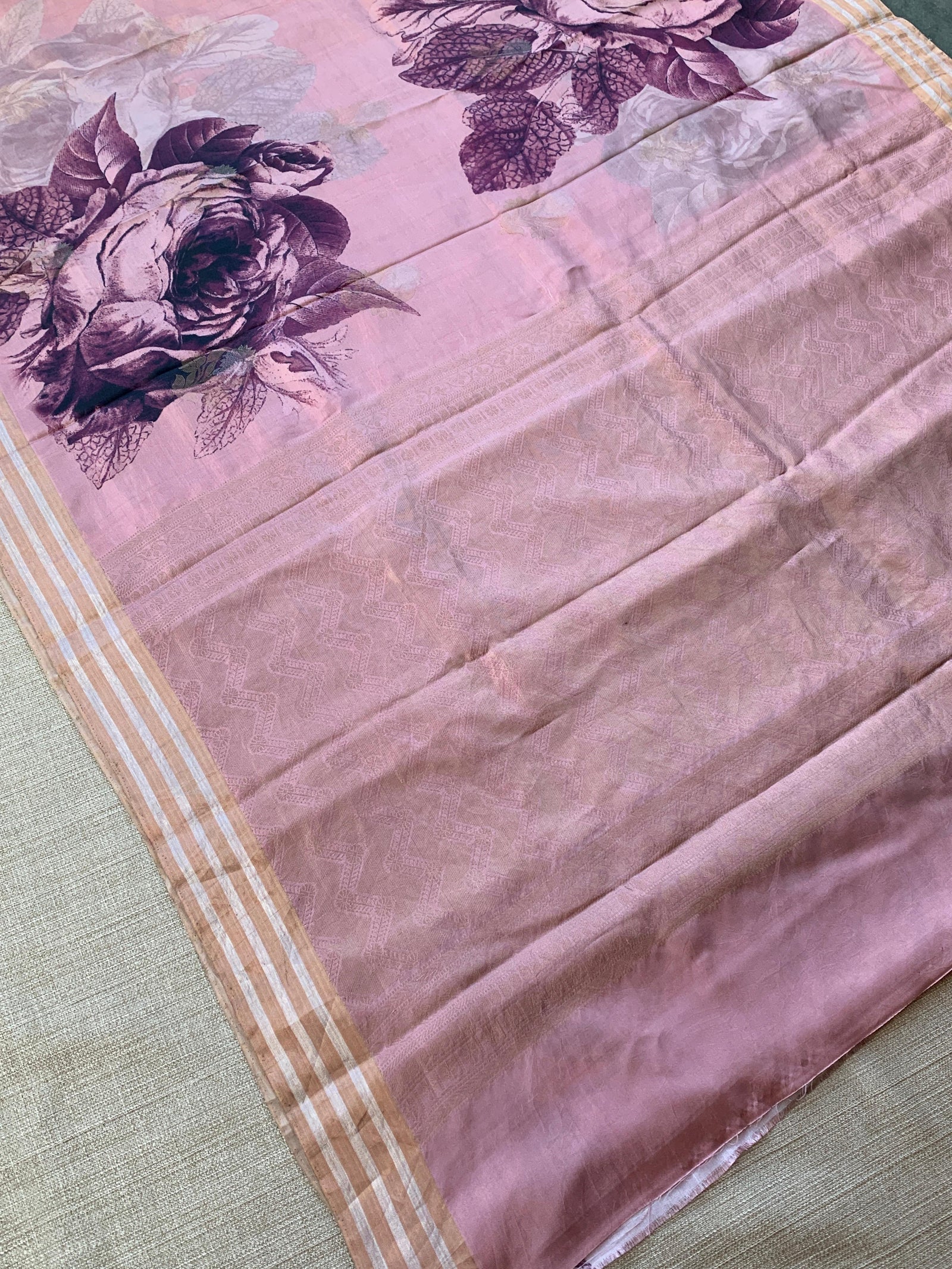 Onion Pink Printed Kanchi Soft Silk Saree with Bold Rose Flower Print.
