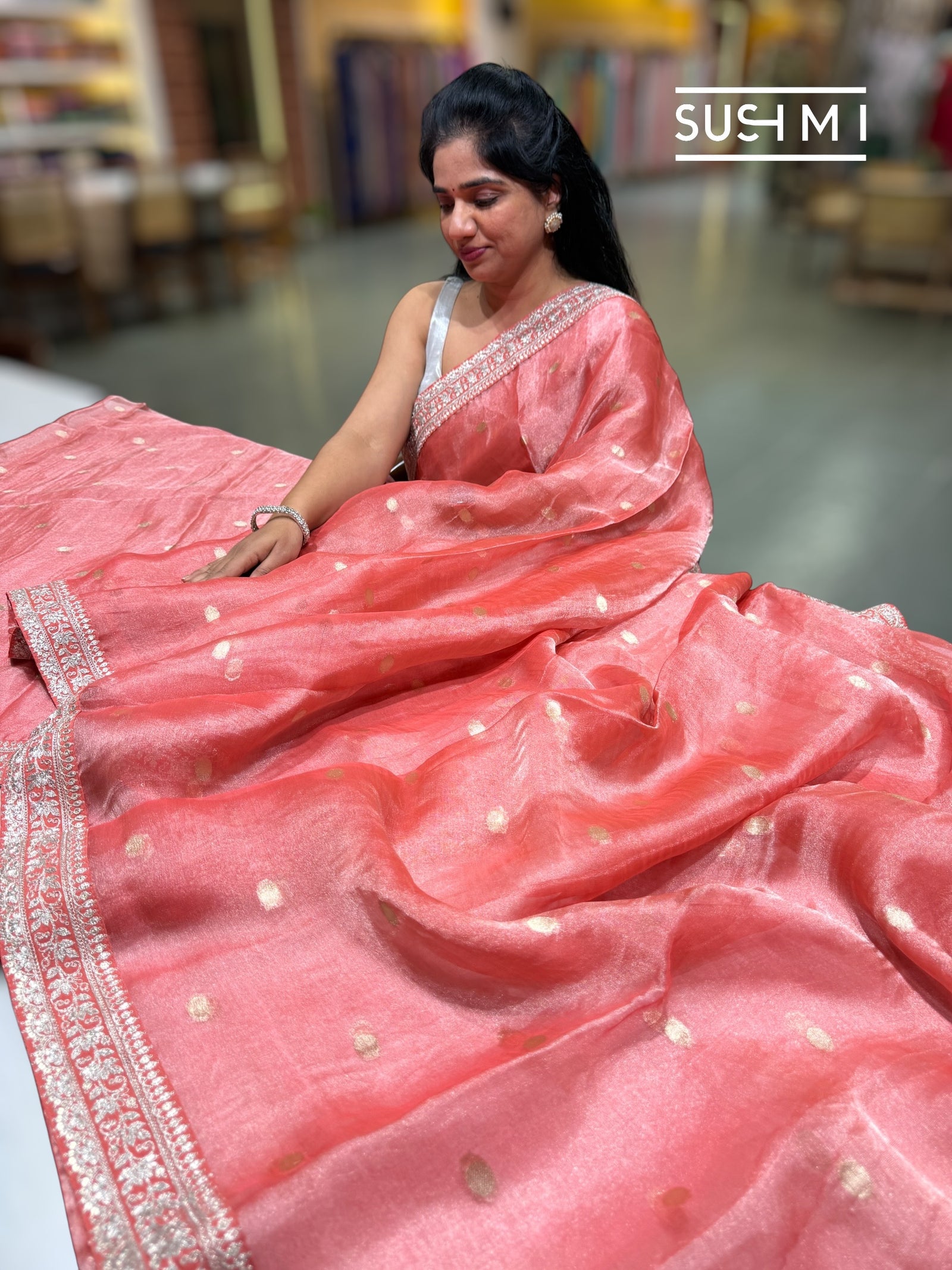 Coral Banarasi Tissue Saree : S62F223