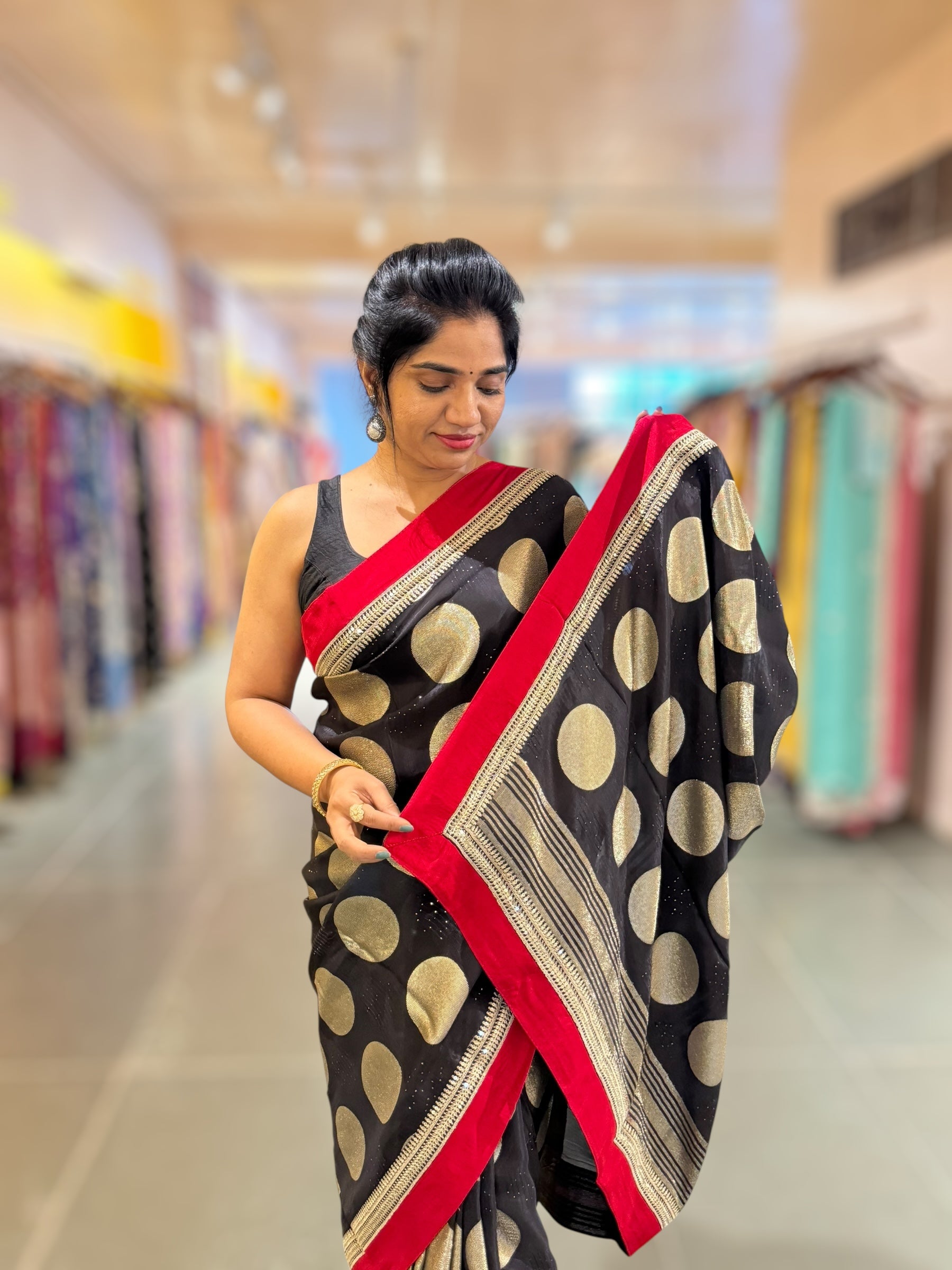 Black Crepe Silk Polka dot Saree with sabhyasachi Borders & Blouse