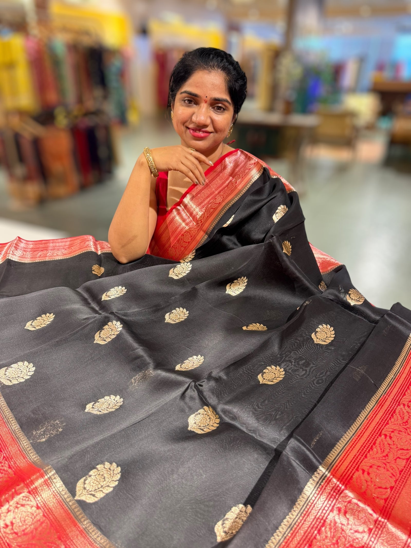 Black and Red Kora Banarasi Saree with Kaduwa woven motifs