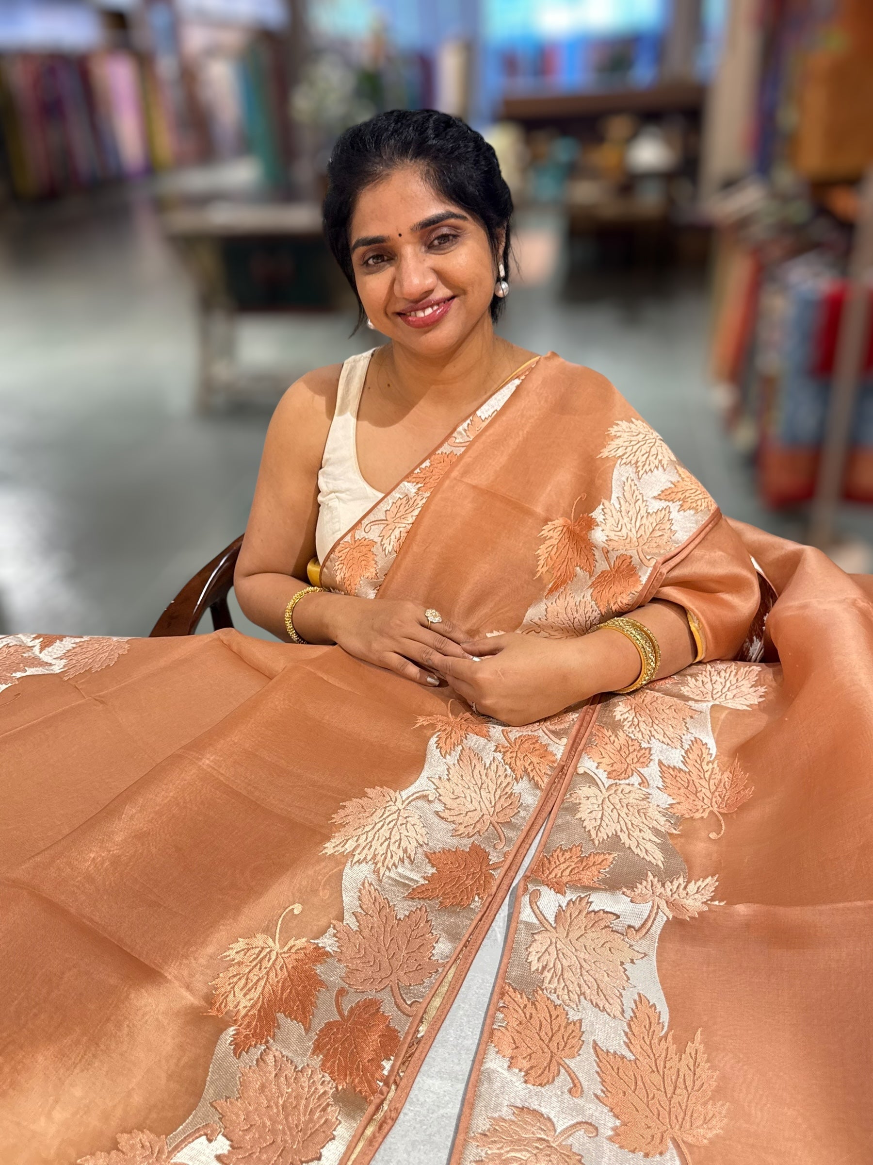 Peach Organza Saree with Stunning Leaf Embroidered Border