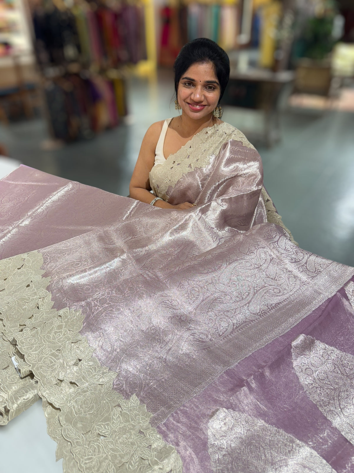 Lilac Tissue Brocade allover weaving Saree with Tissue Cutwork Rose Border