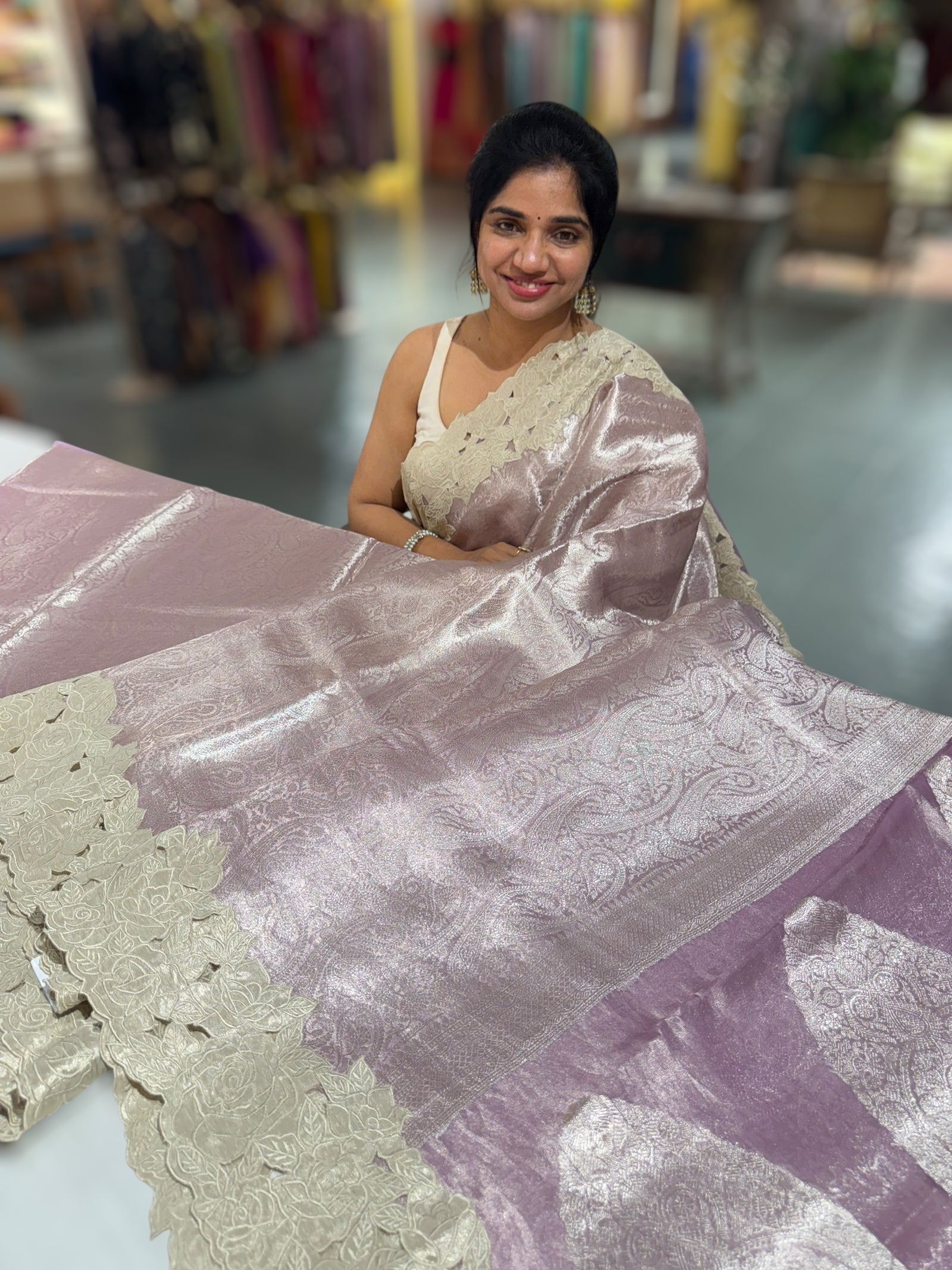 Lilac Tissue Brocade allover weaving Saree with Tissue Cutwork Rose Border