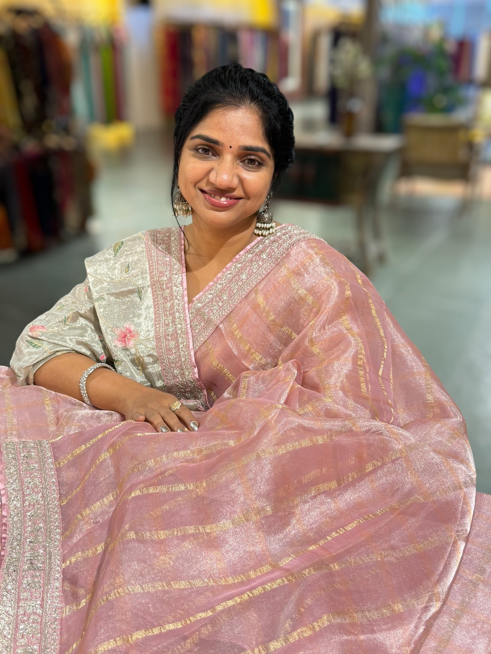 Pastel Pink Banarasi Tissue checks Saree with Sabyasachi Borders