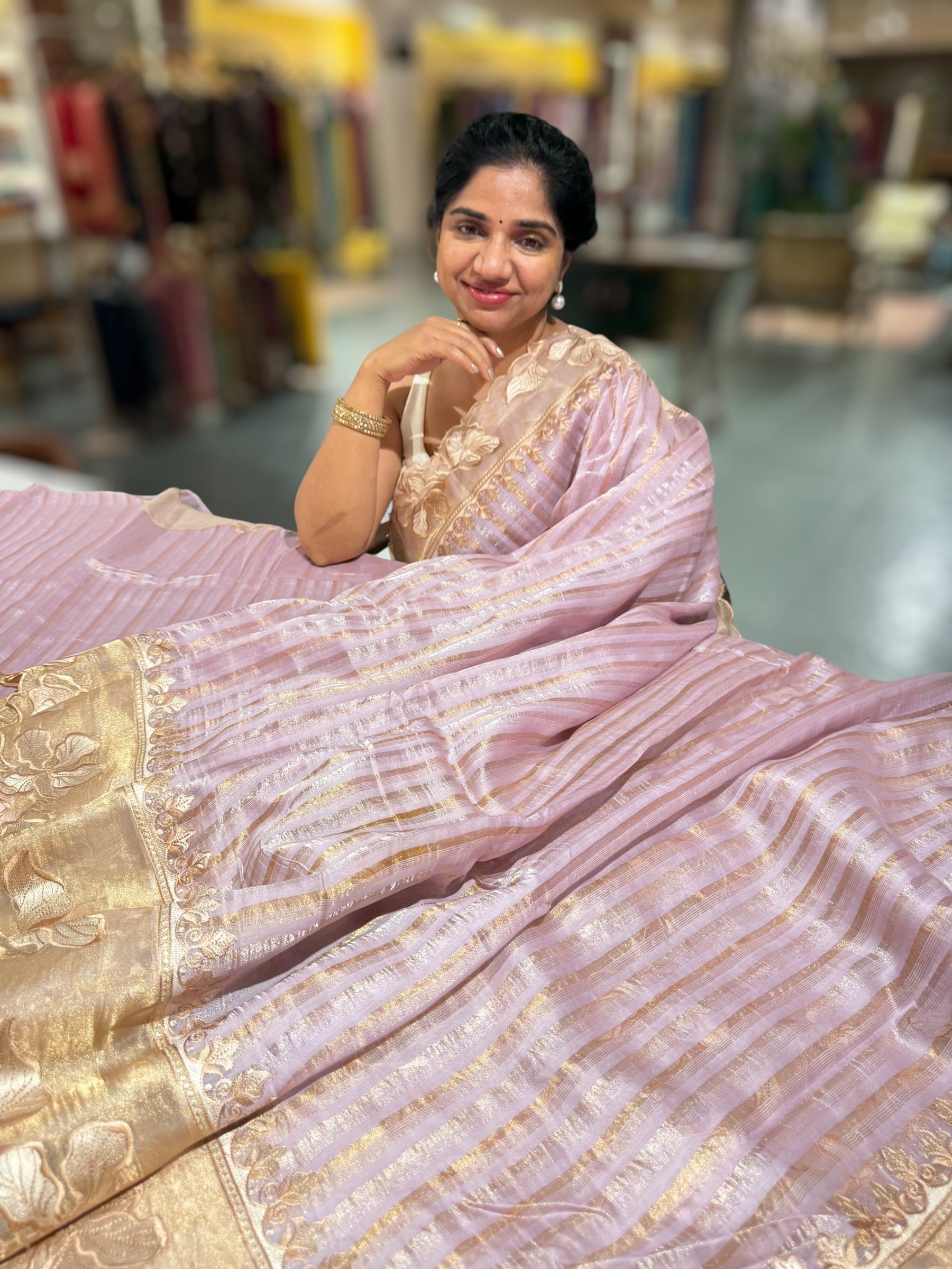 Lilac Mul Tissue Stripes Saree With Tissue Cutwork  Border & Blouse