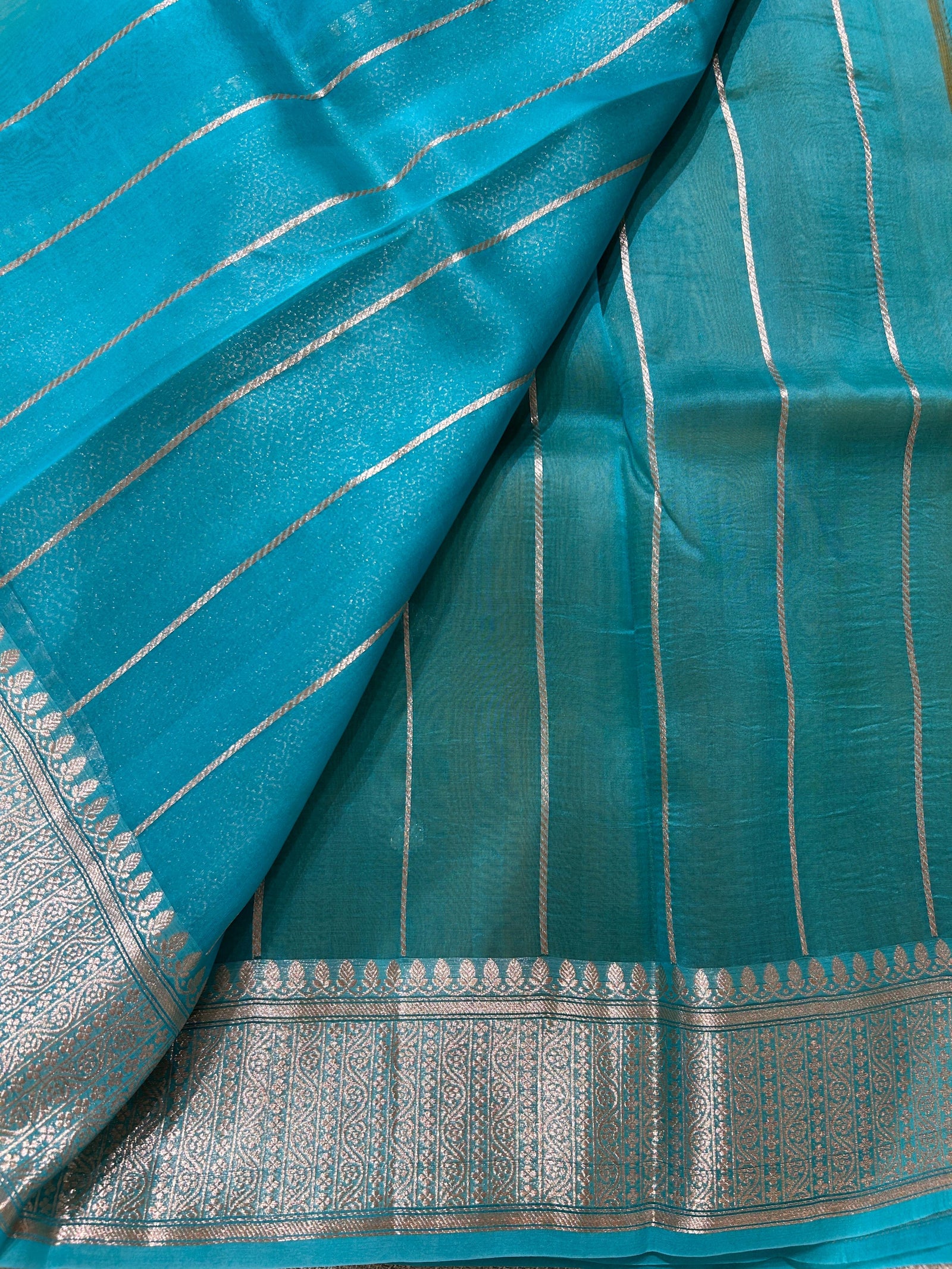 Mustard with Blue Pure Handloom premium Kora Banarasi Saree