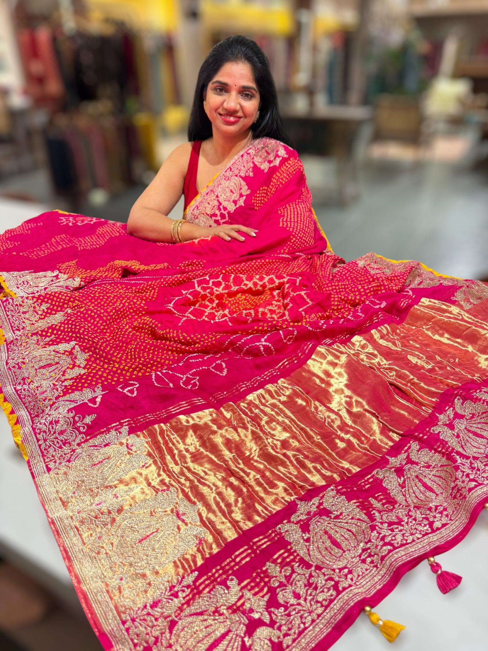 Fushcia Pink Designer Rai Bandhej Saree With Embroidered Border