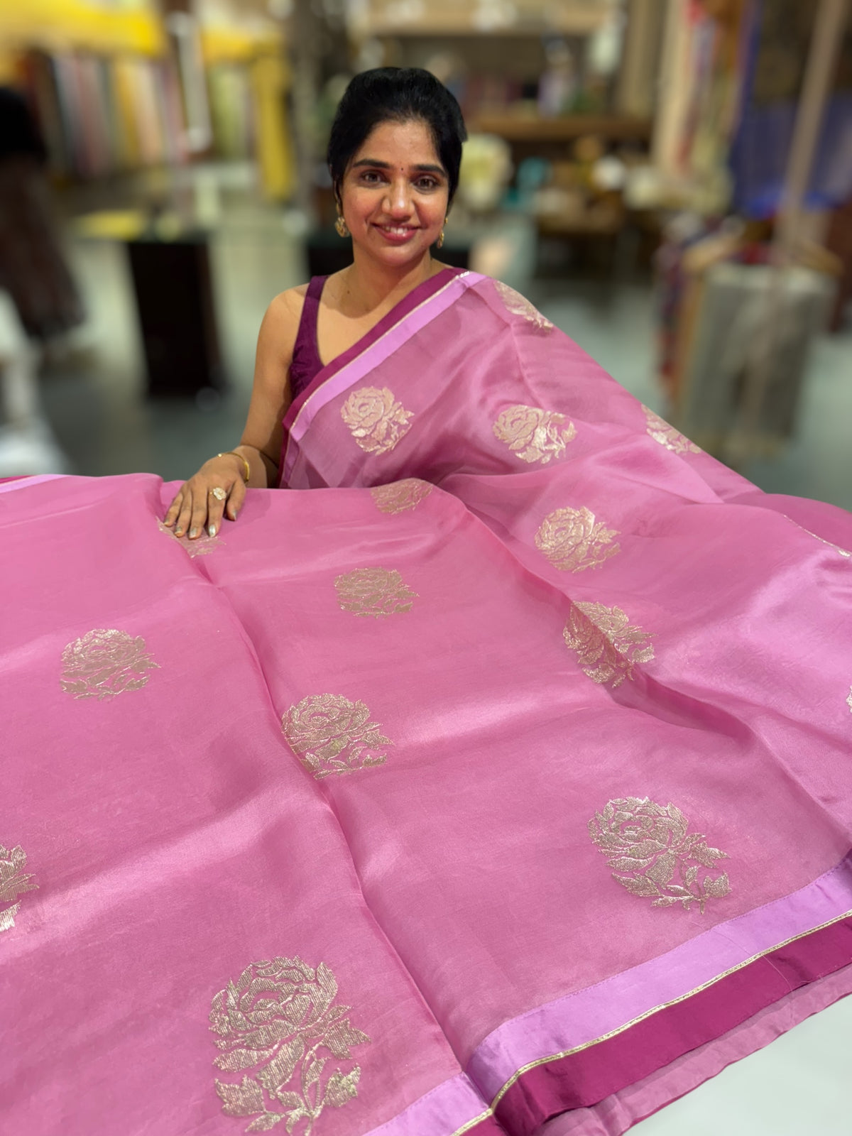 Rose Pink Pure Organza with embroidery