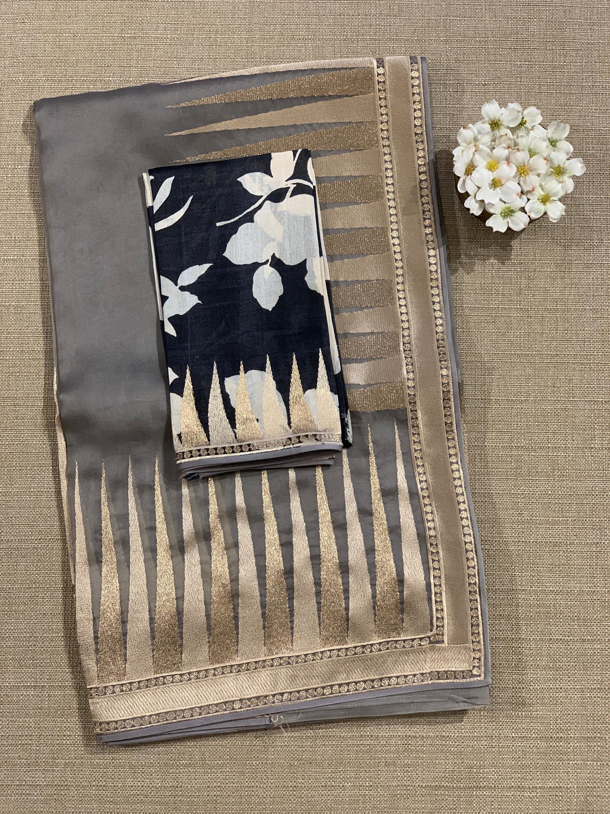 Grey Pure Organza With Temple Embroidered Border & Tussar Printed Blouse