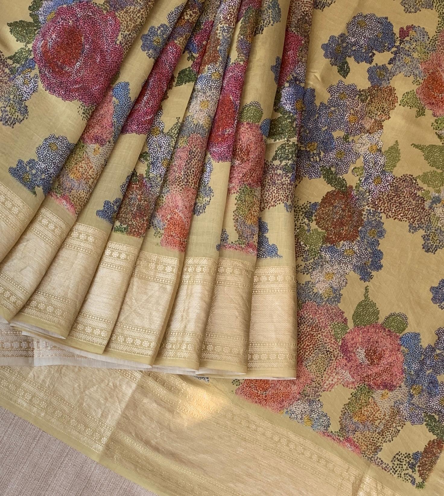 Pista Green Pure Handloom Chiniya Silk Saree with stunning Floral Print and zari borders