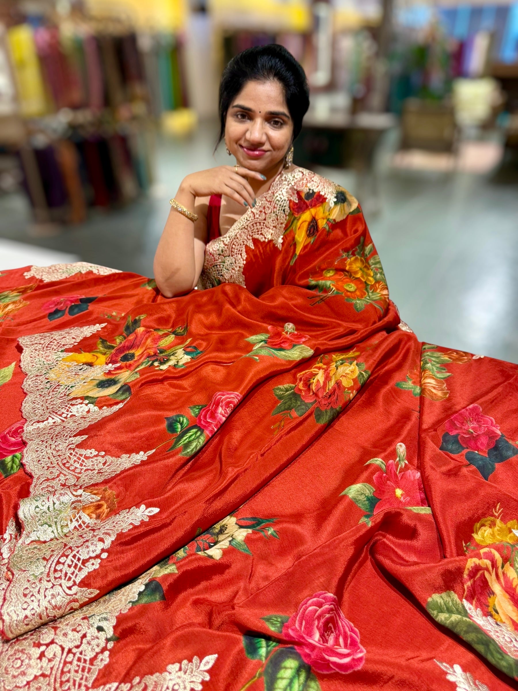 Red Crepe Printed Saree with Chanitlly Lace style Embroidery