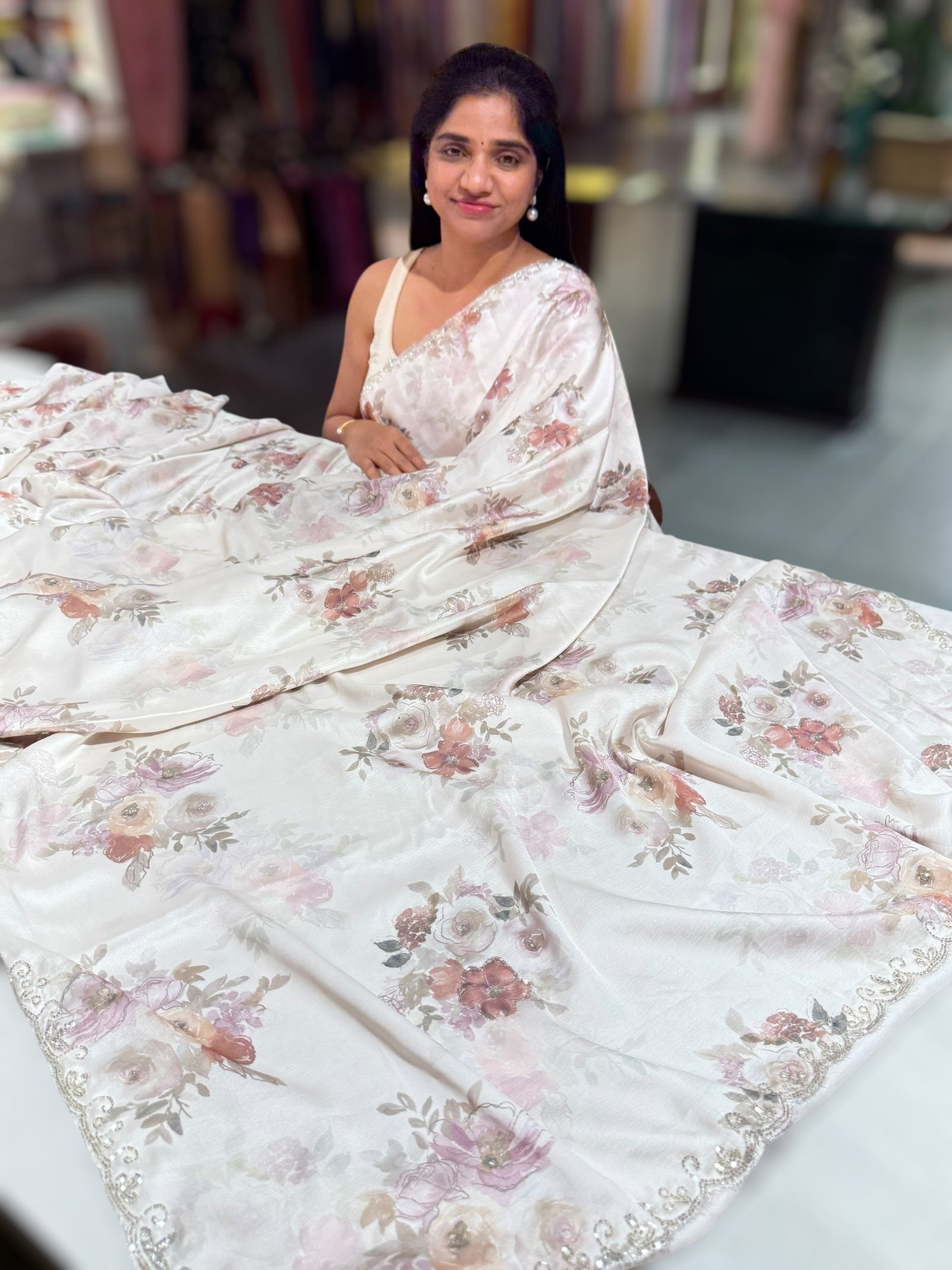 Pastel tone Pure chinnon crepe printed saree with handwork border