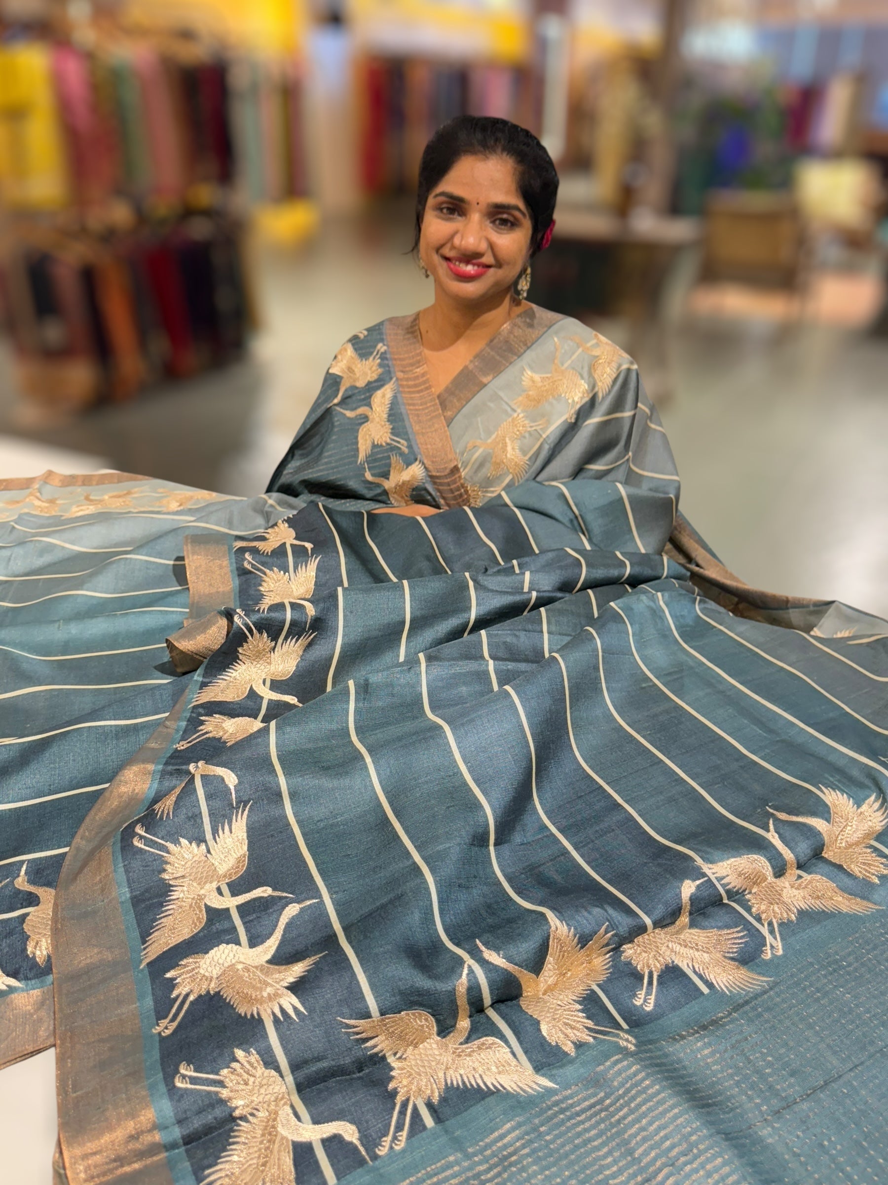 Tussar Rangkaat Saree With Crane Bird  Embroidered Border