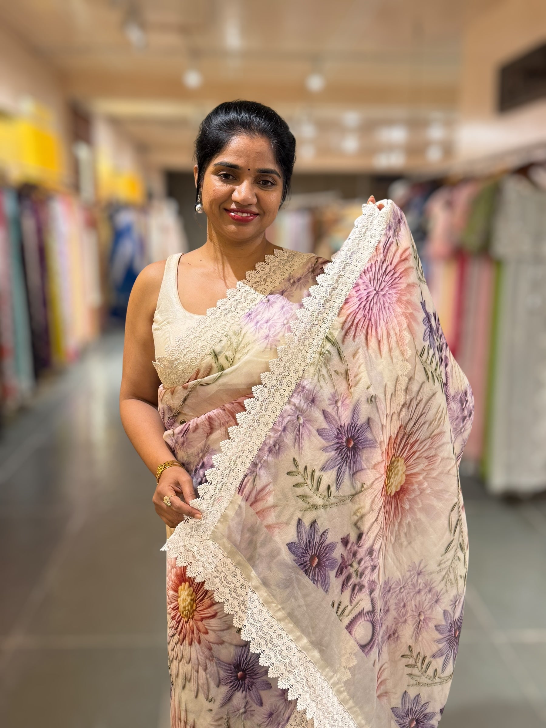 Ivory Organza 3D floral Printed Saree hemlined with crotia lace