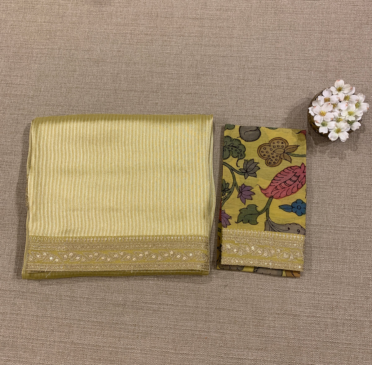 Lemon yellow Banarasi tonchoi with pen kalamkari Blouses