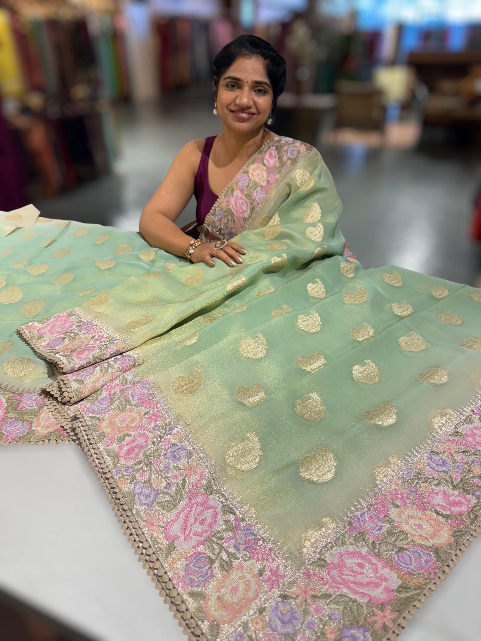 Mint Green Banarasi Tissue Gorgette Saree With Petite Point Embroidered Border