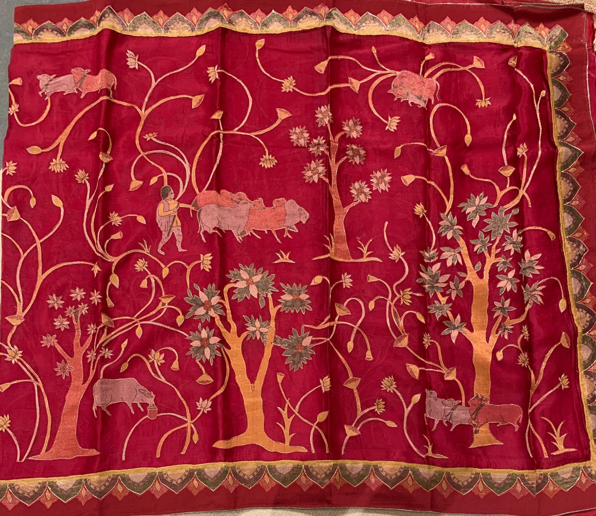 Dark Red Designer Organza Saree with Stunning Tissue Applique work Saree with Village theme