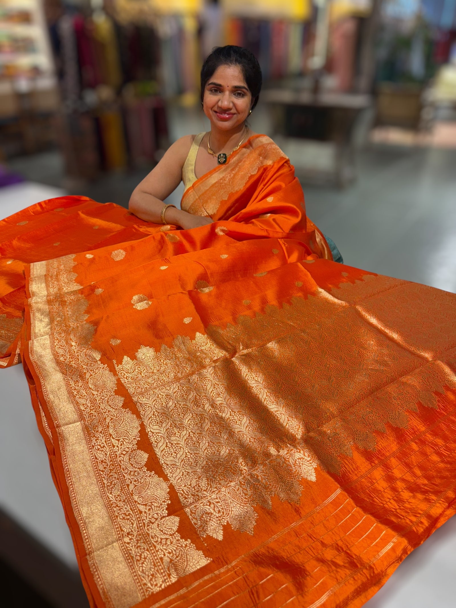 Orange Poona Silk Saree with double Borders