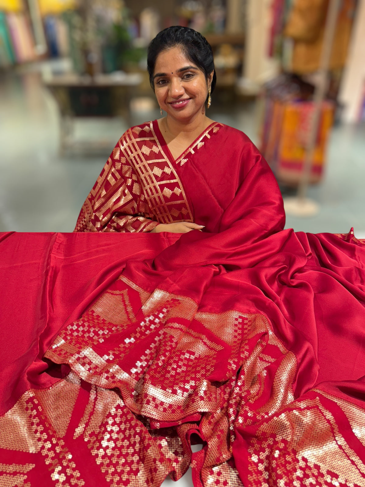 Red pure Satin Saree with designer sequence border and blouse