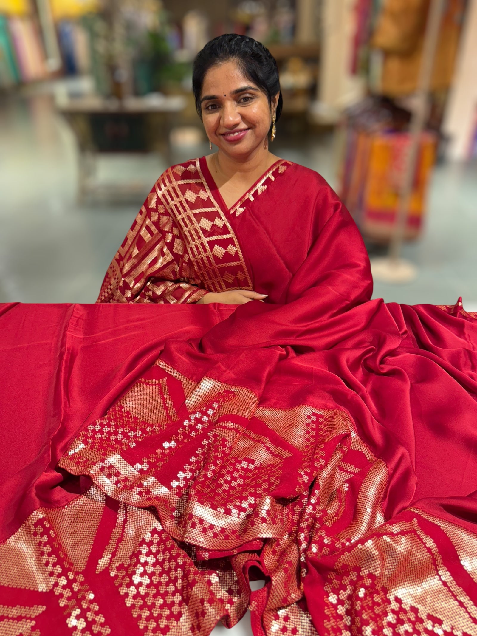 Red pure Satin Saree with designer sequence border and blouse