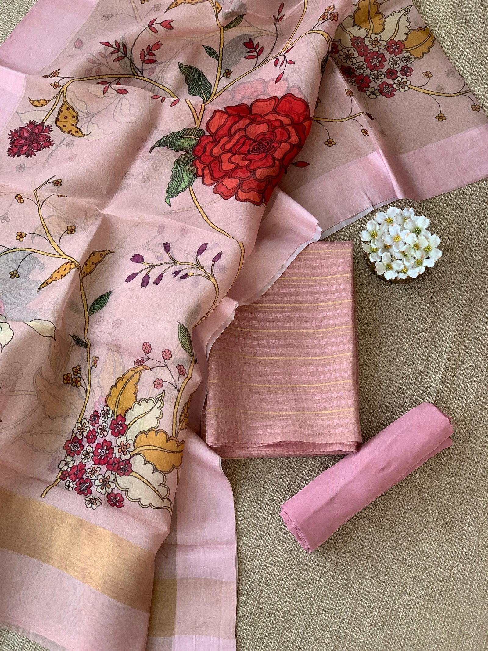 Pastel Pink Banarasi Chiniya Silk 3-pc Suit set : SS62J07