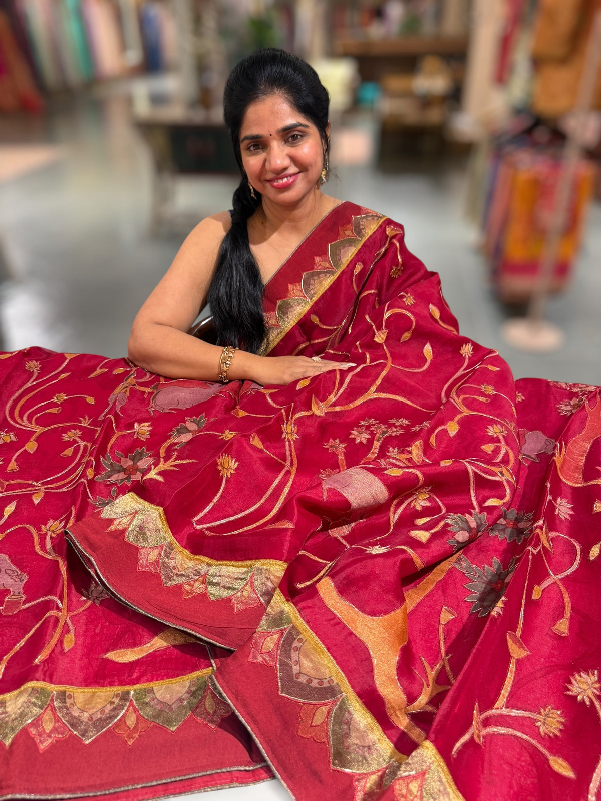 Dark Red Designer Organza Saree with Stunning Tissue Applique work Saree with Village theme