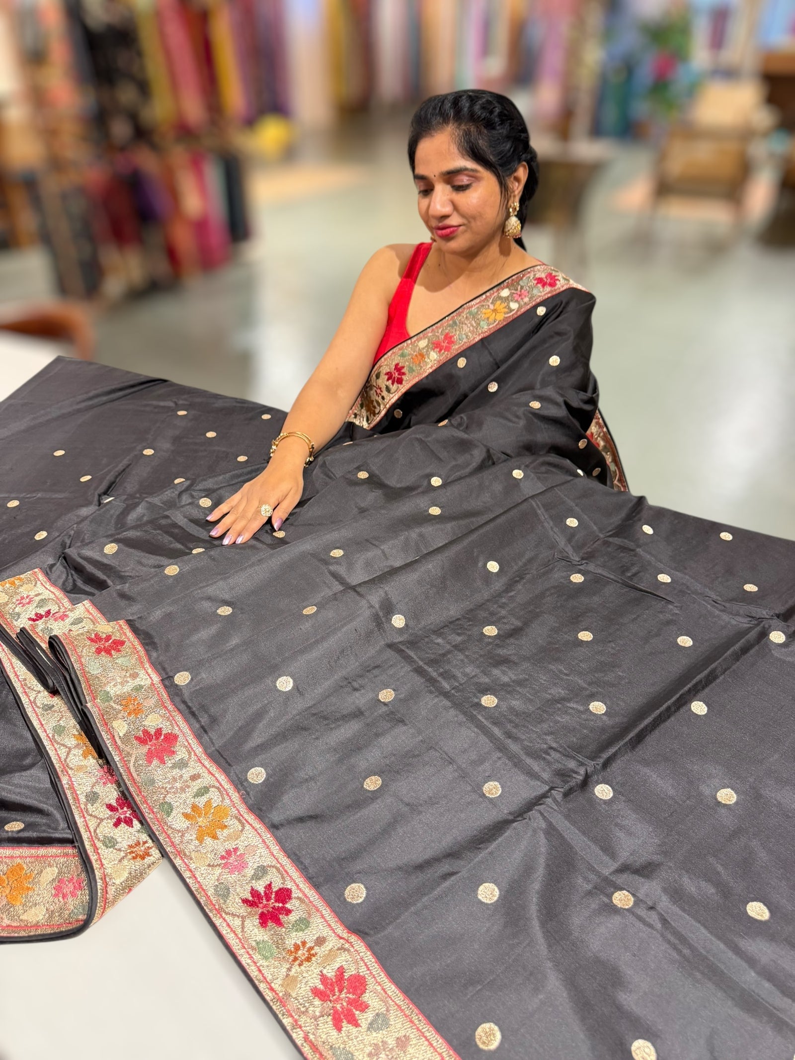 Black Kanchi soft silk saree with pythani and jamdani inspired embroidery