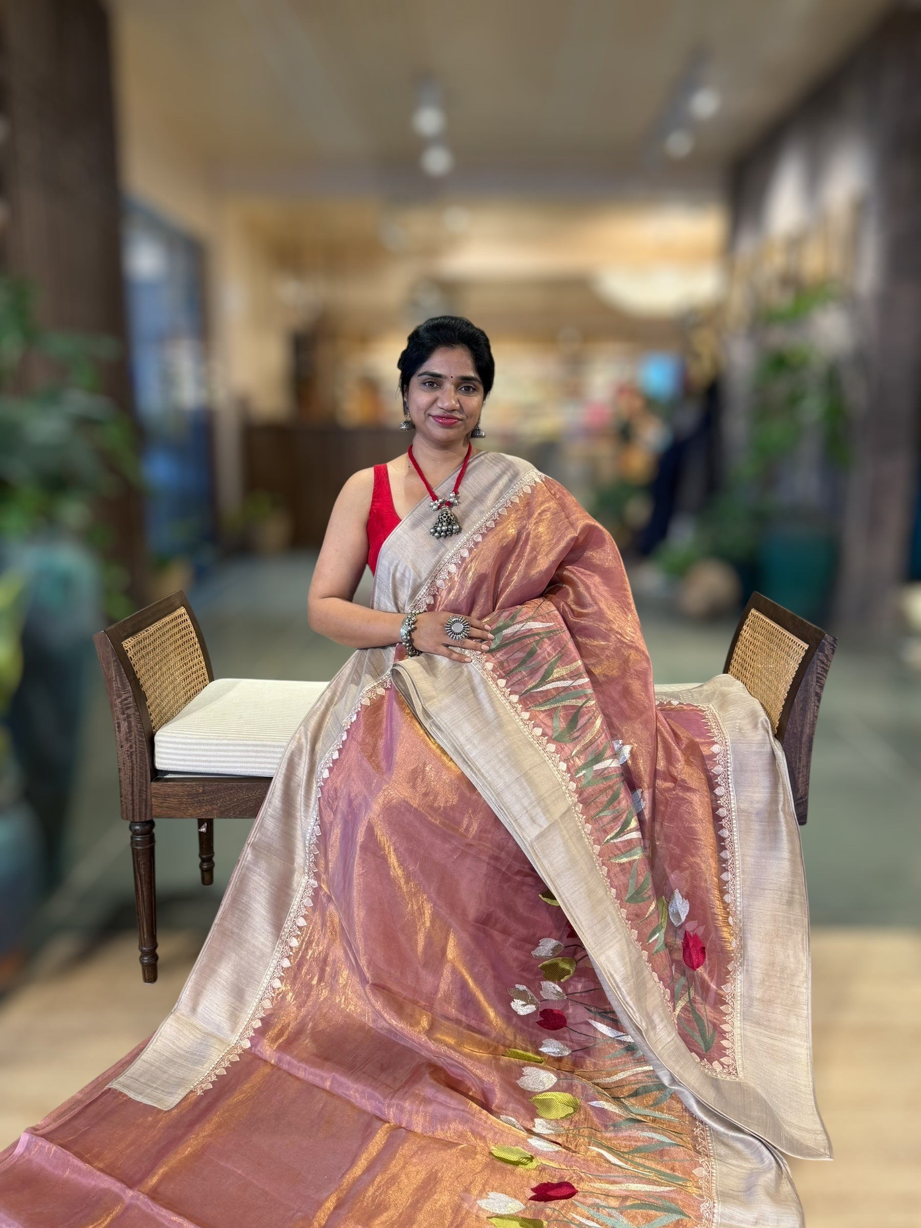 Peach Pink Designer Handloom Tissue Saree With Tulip embroidery