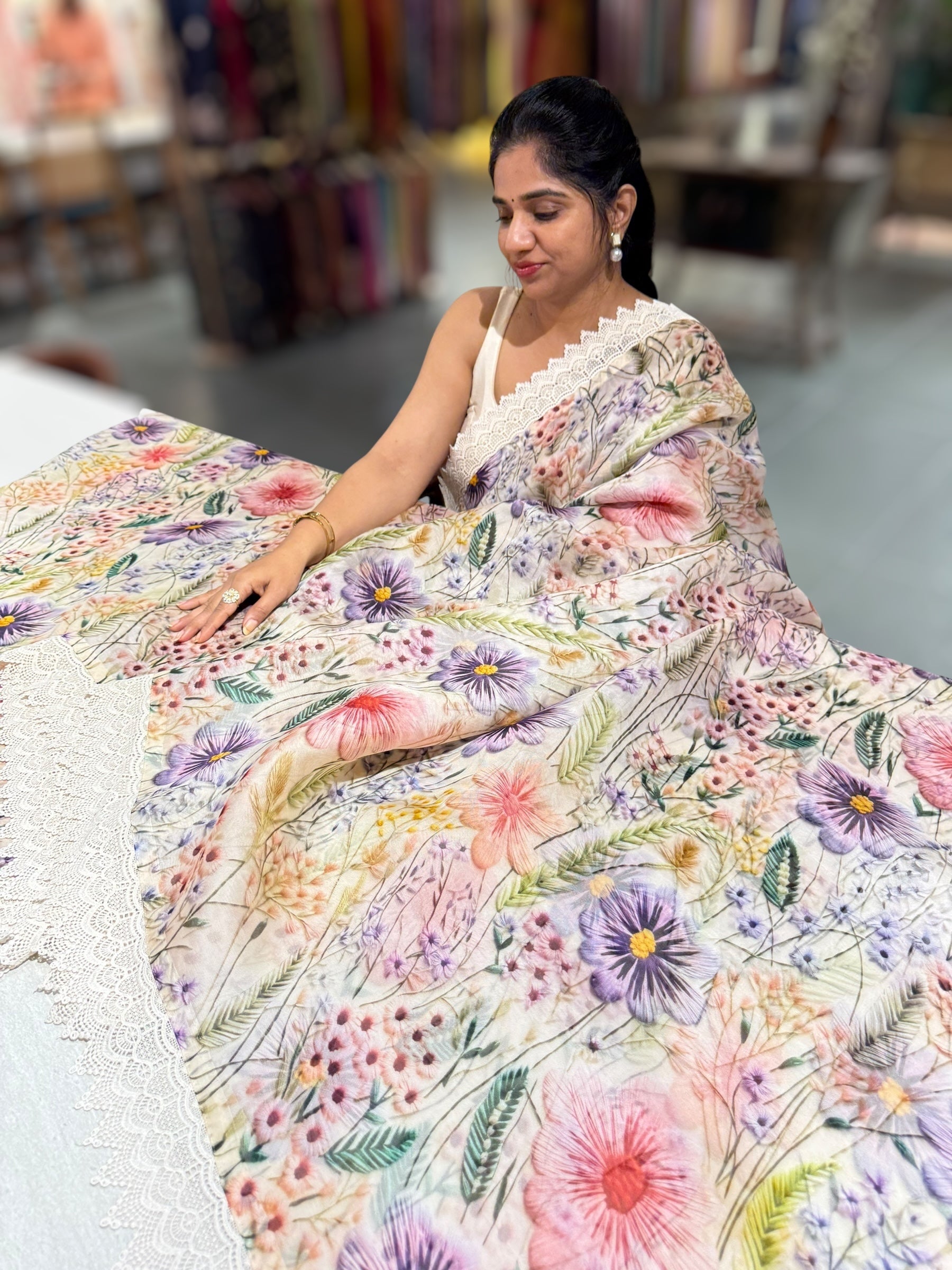 Ivory Organza 3D floral Printed Saree hemlined with crotia lace