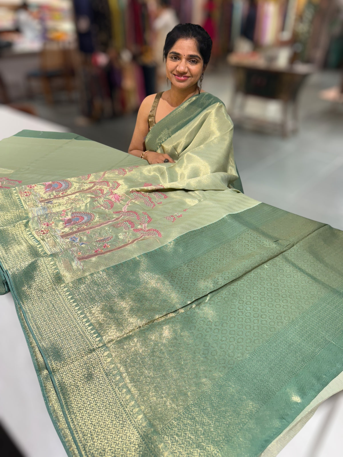 Mint Banarasi Tonchoi Brocade Saree with Parsi Gara style embroidery
