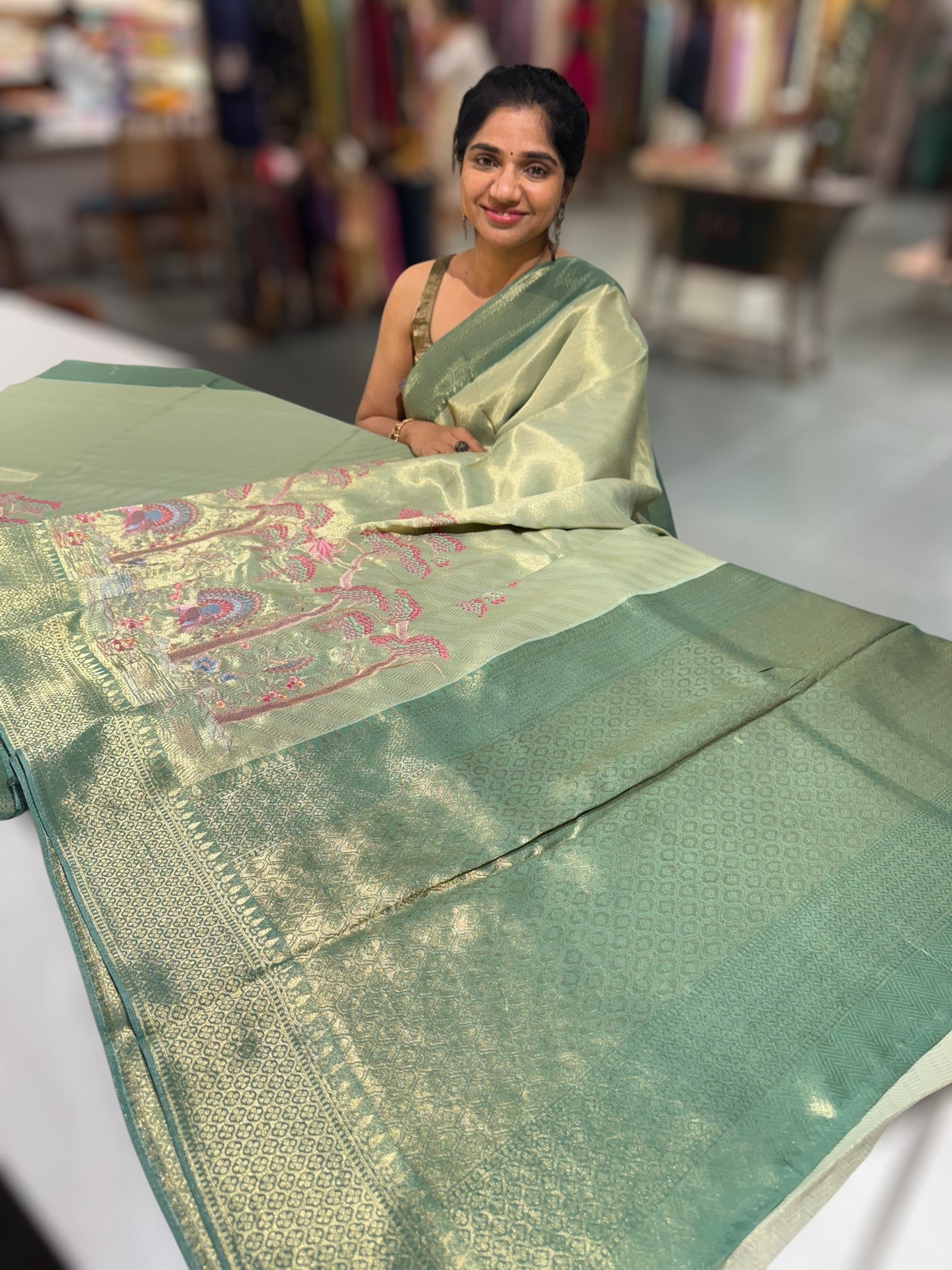 Mint Banarasi Tonchoi Brocade Saree with Parsi Gara style embroidery