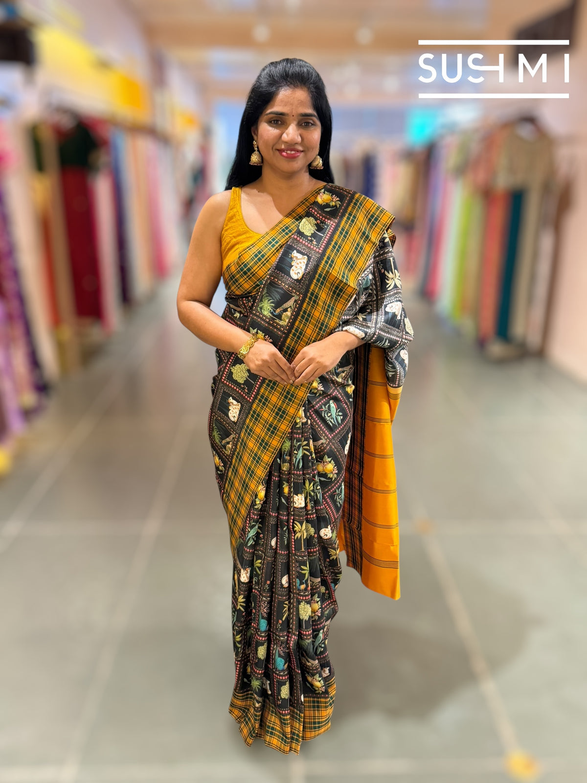 Black printed soft silk saree with burberry checks border : D62F033