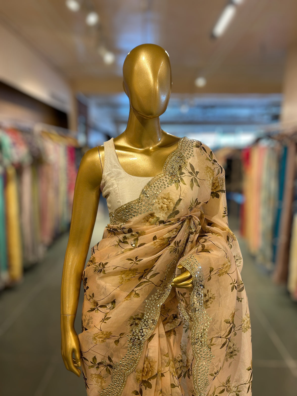 Peach Organza floral Printed Saree with mirrorwork handwork scalloped Border