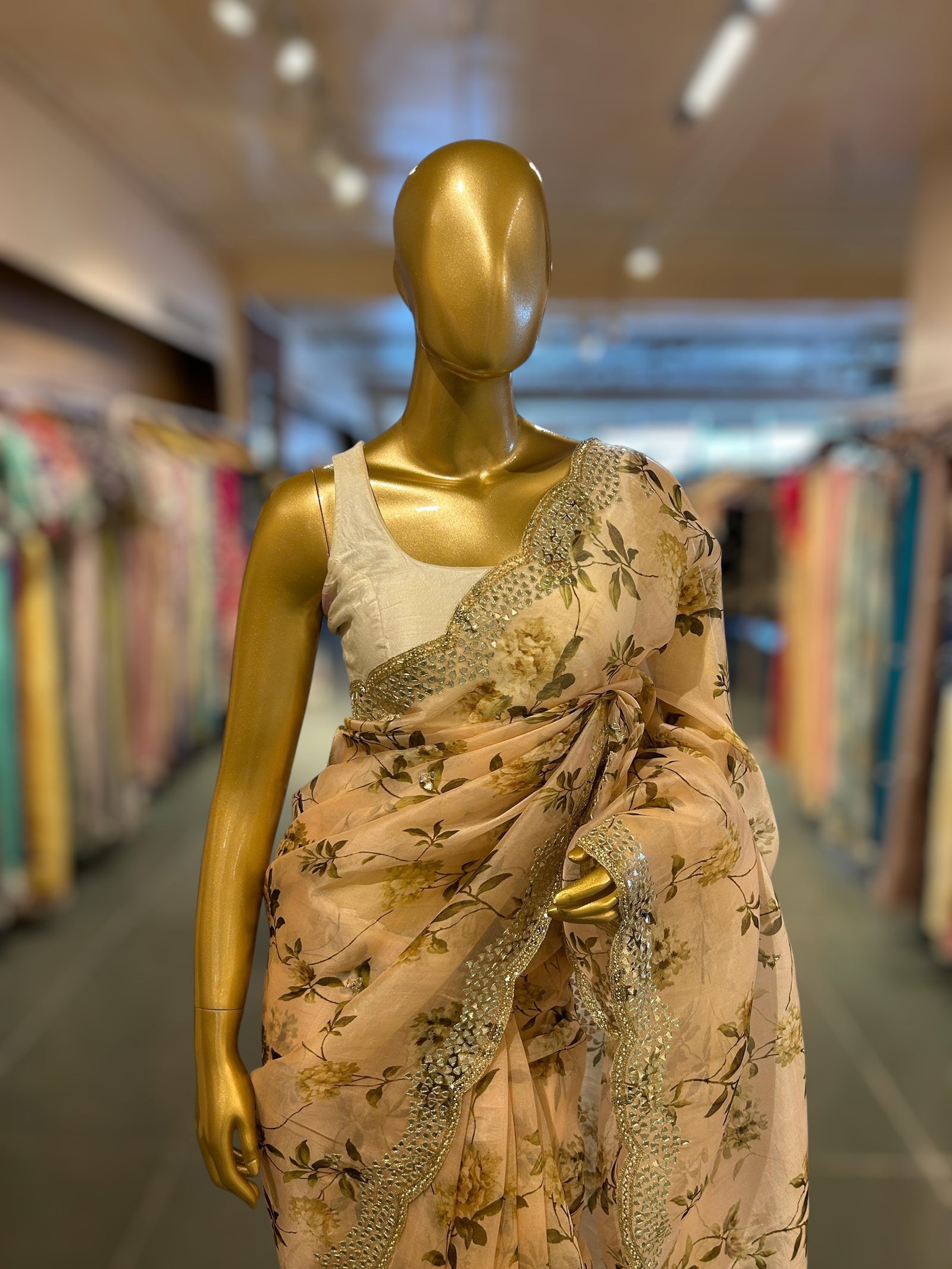 Peach Organza floral Printed Saree with mirrorwork handwork scalloped Border