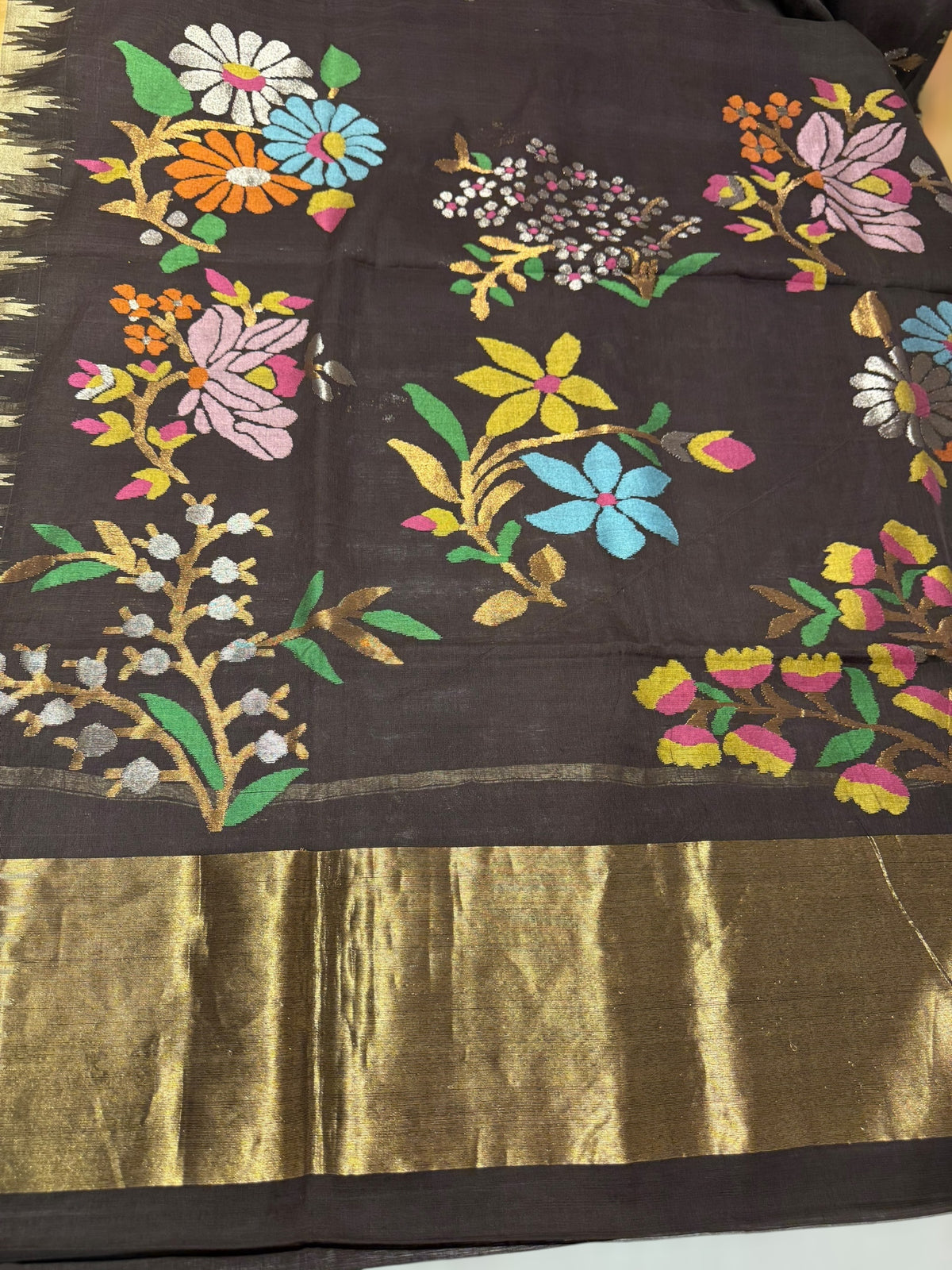 Darkest Brown  Pure  handloom Ponduru Khadi jamdani Saree with heavy pallu