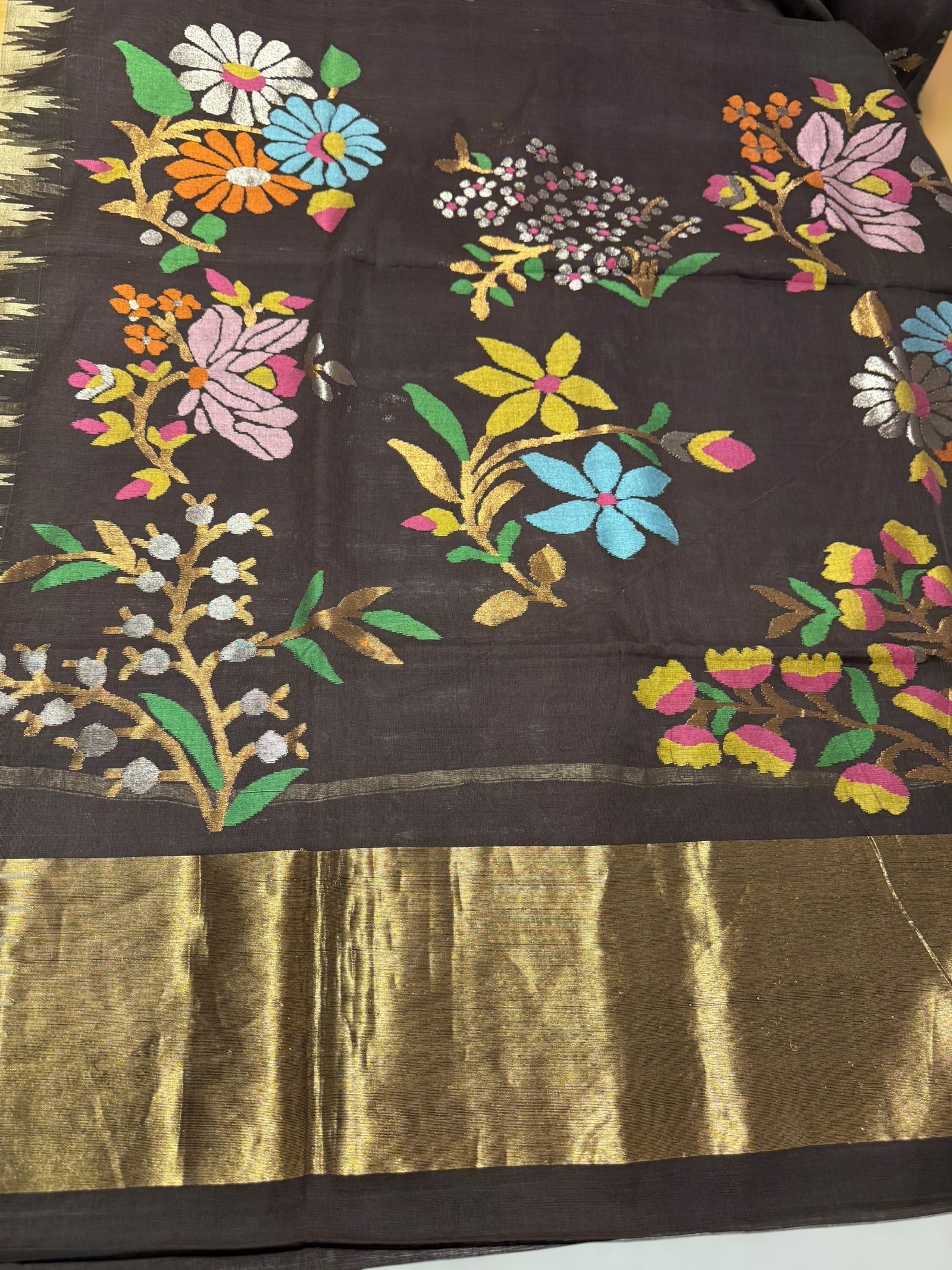 Darkest Brown  Pure  handloom Ponduru Khadi jamdani Saree with heavy pallu