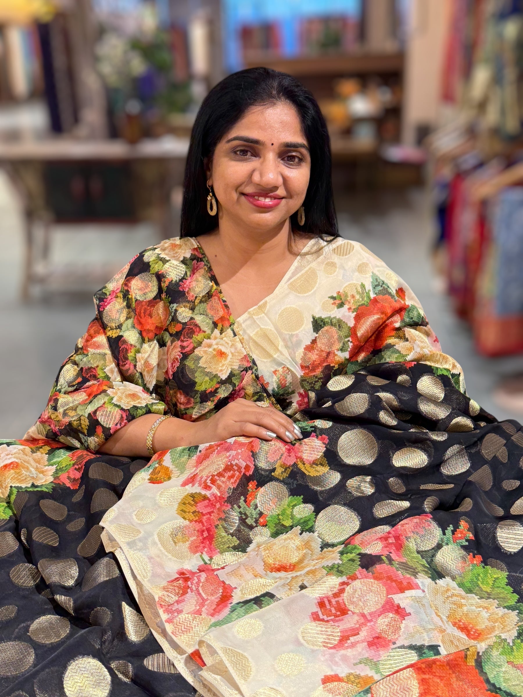 Black Banarasi Kora Gorgette Polka dot Printed Sareep
