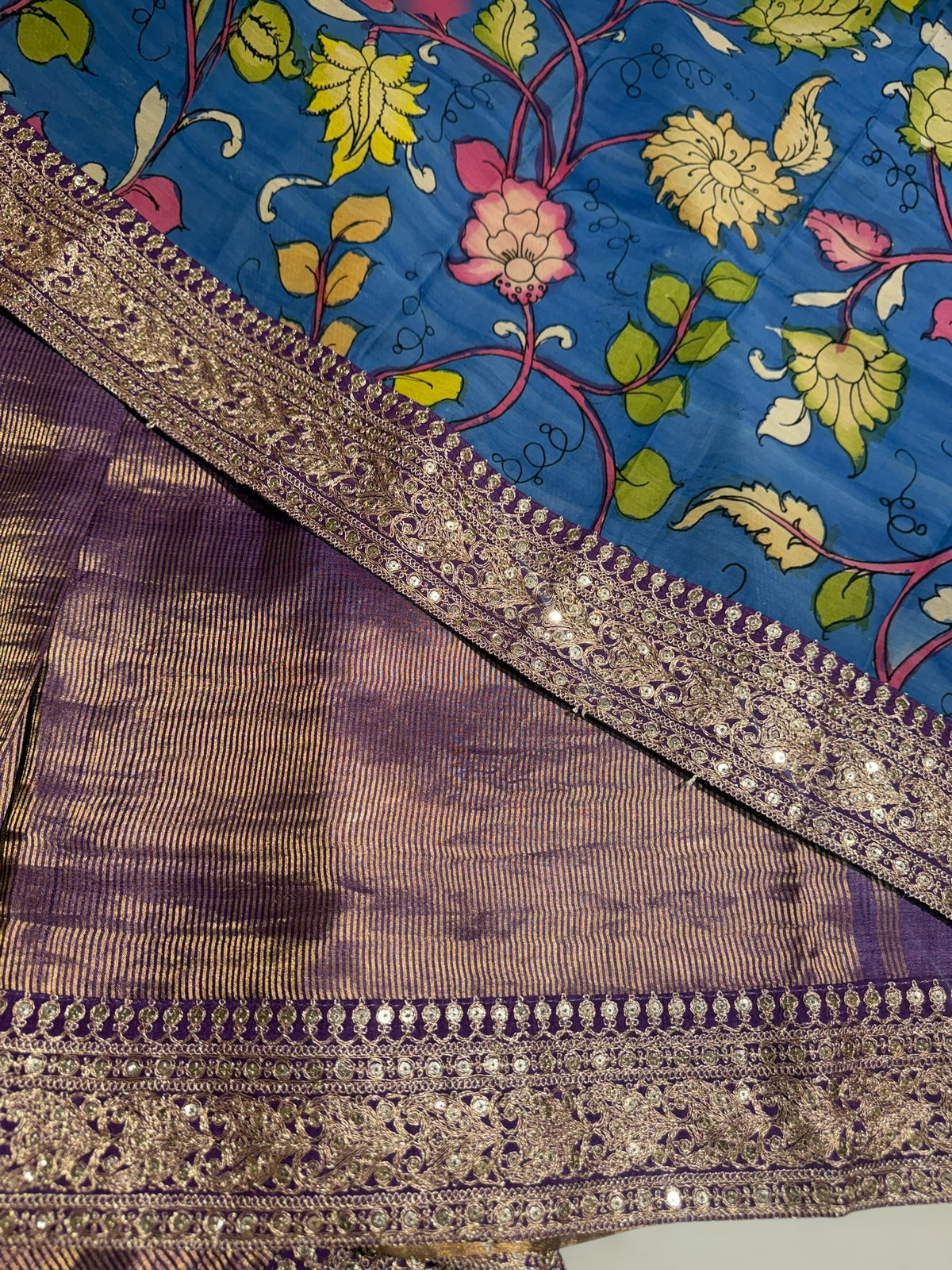 Purple kora Muslin Tissue fusion saree