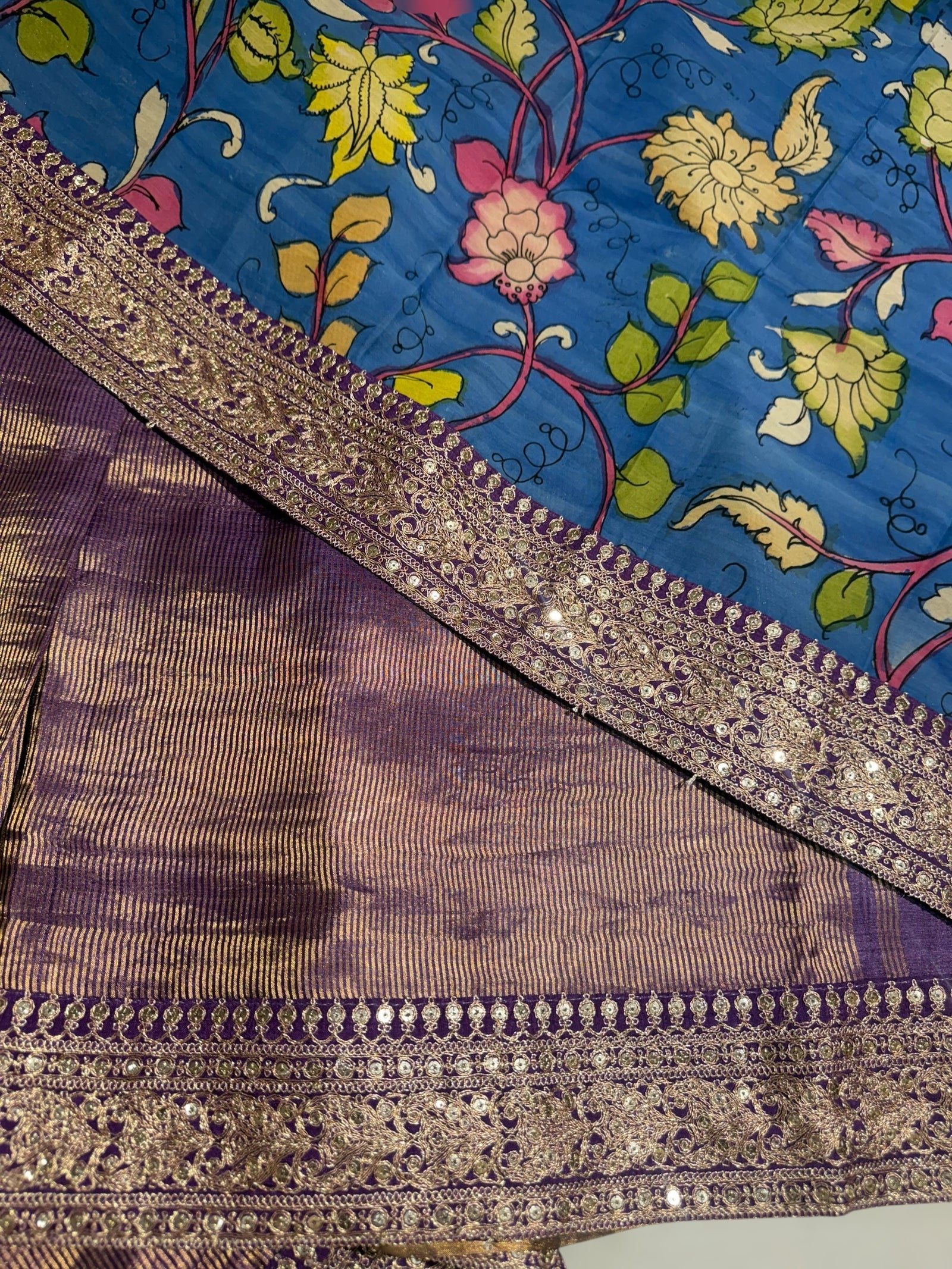Purple kora Muslin Tissue fusion saree