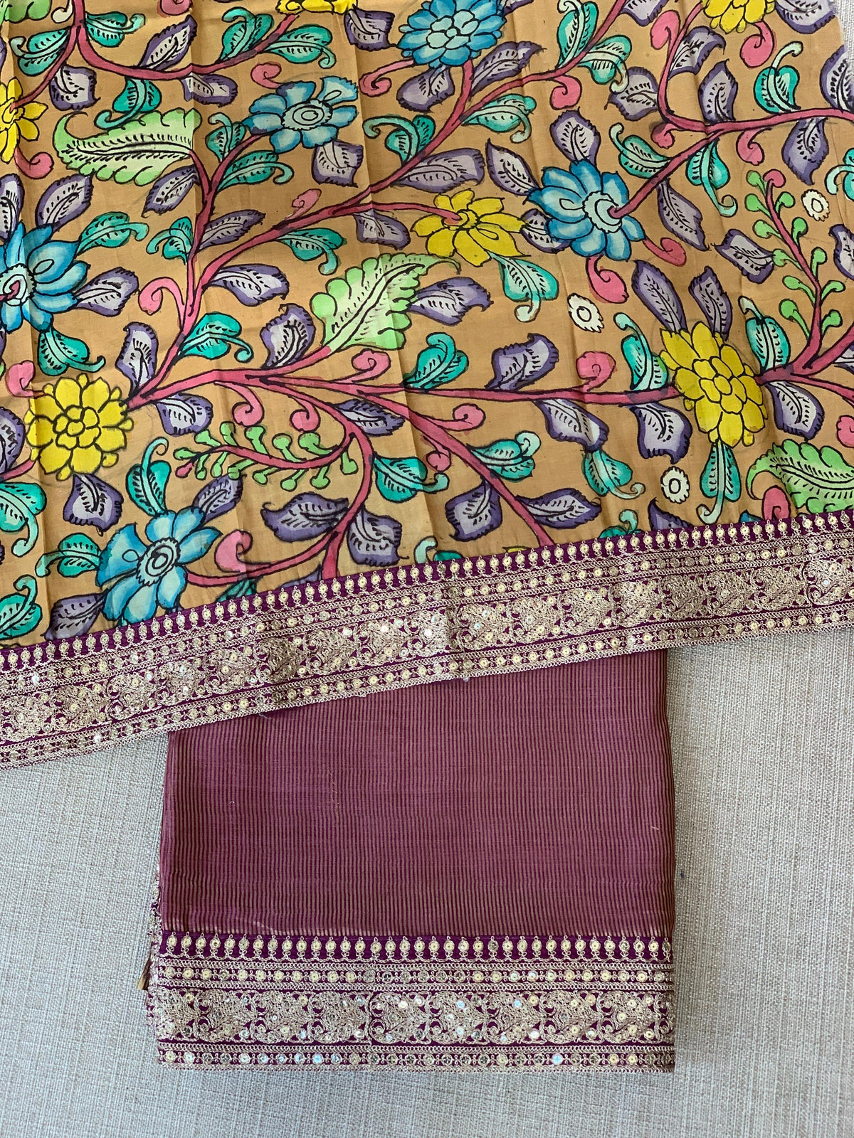 Wine kora Muslin Tissue fusion saree