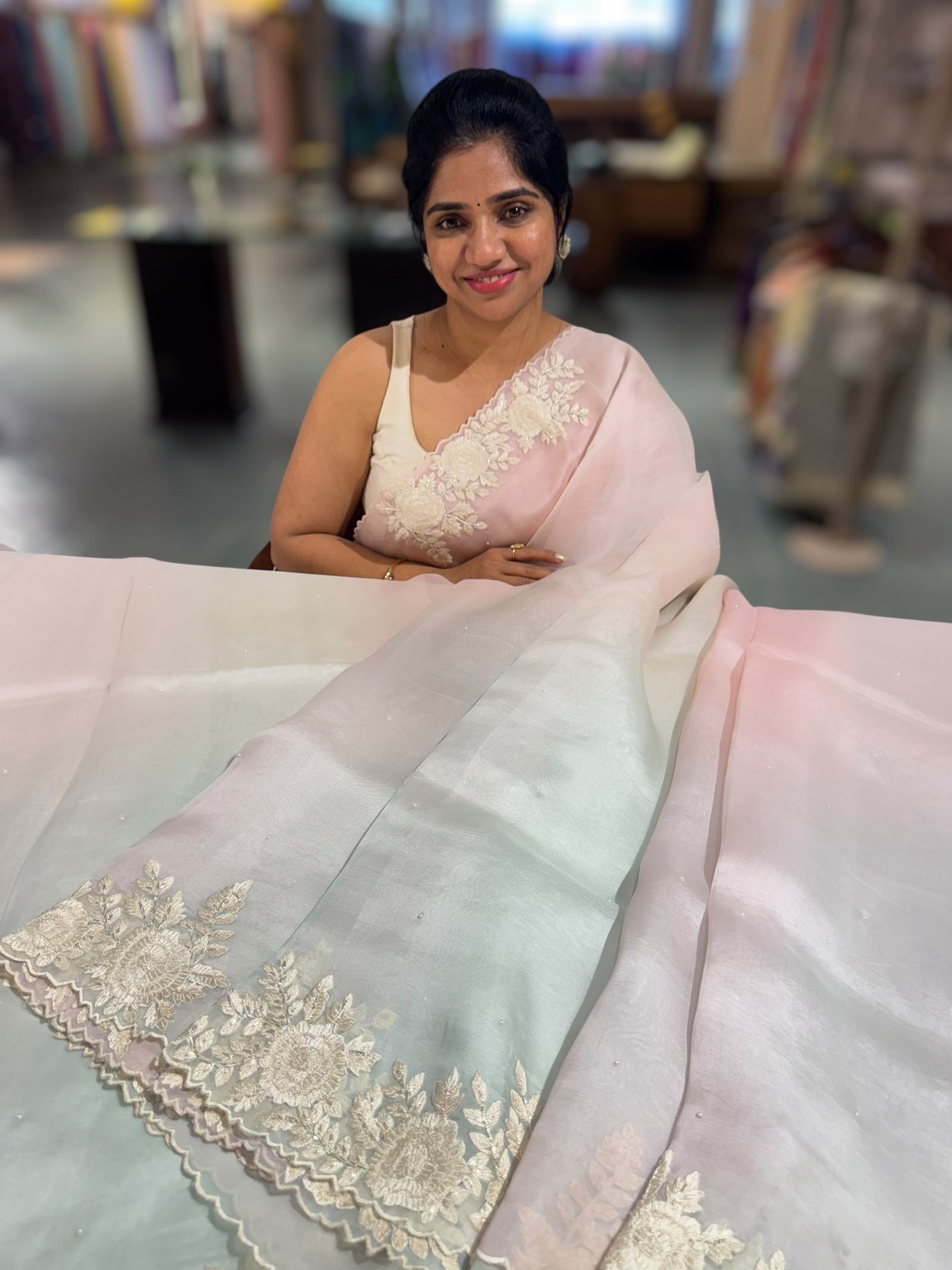 Ombre dyed Pure Organza Saree with parsi gara embroidery