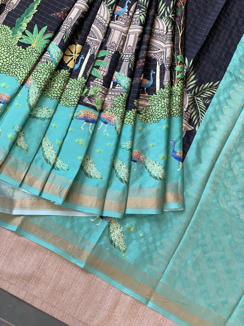 Black Checks Soft Silk with beautiful Skirt Border Peacock Print