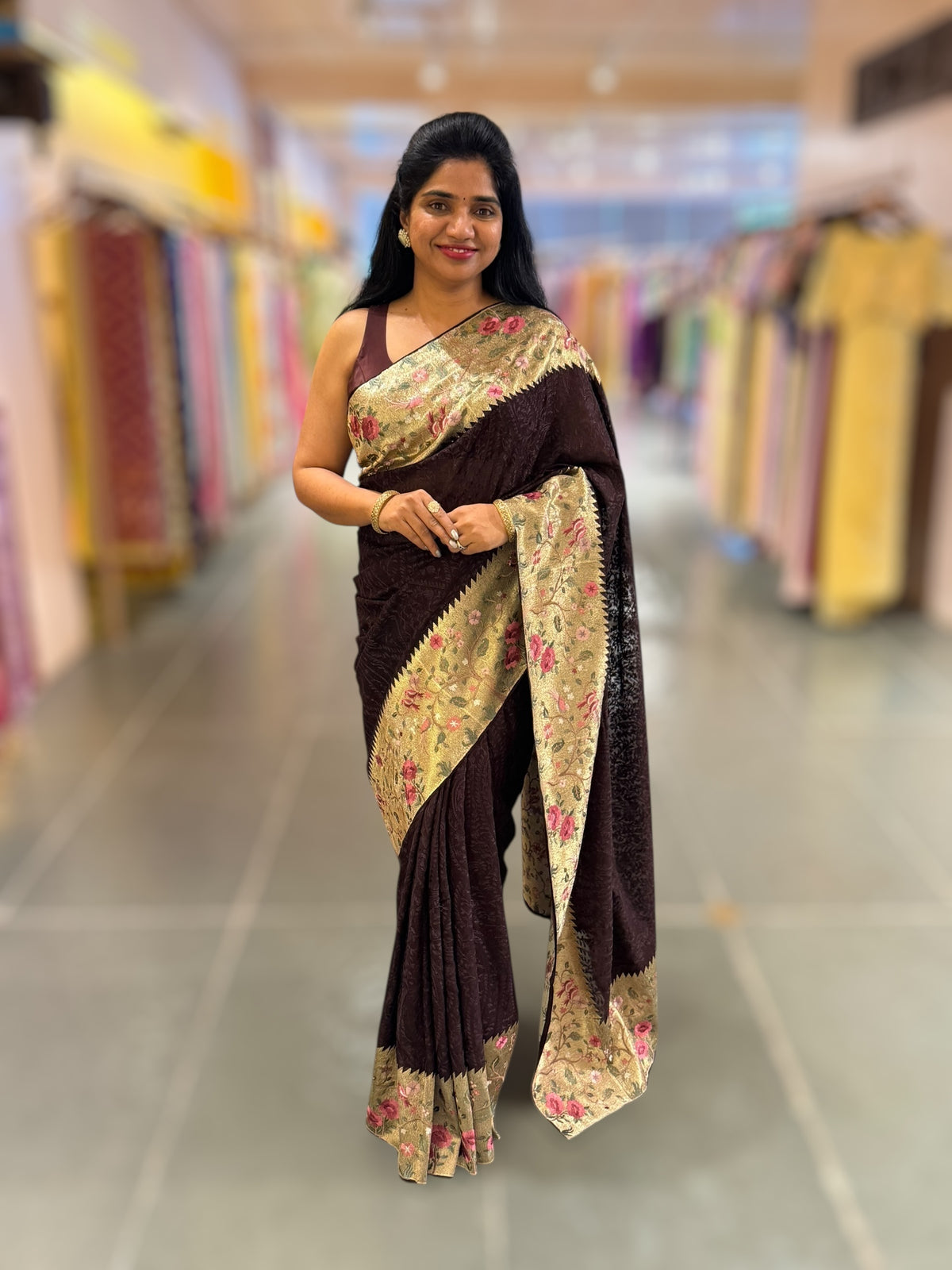 Brown Chikankari Georgette Saree with Tissue embroidered Border