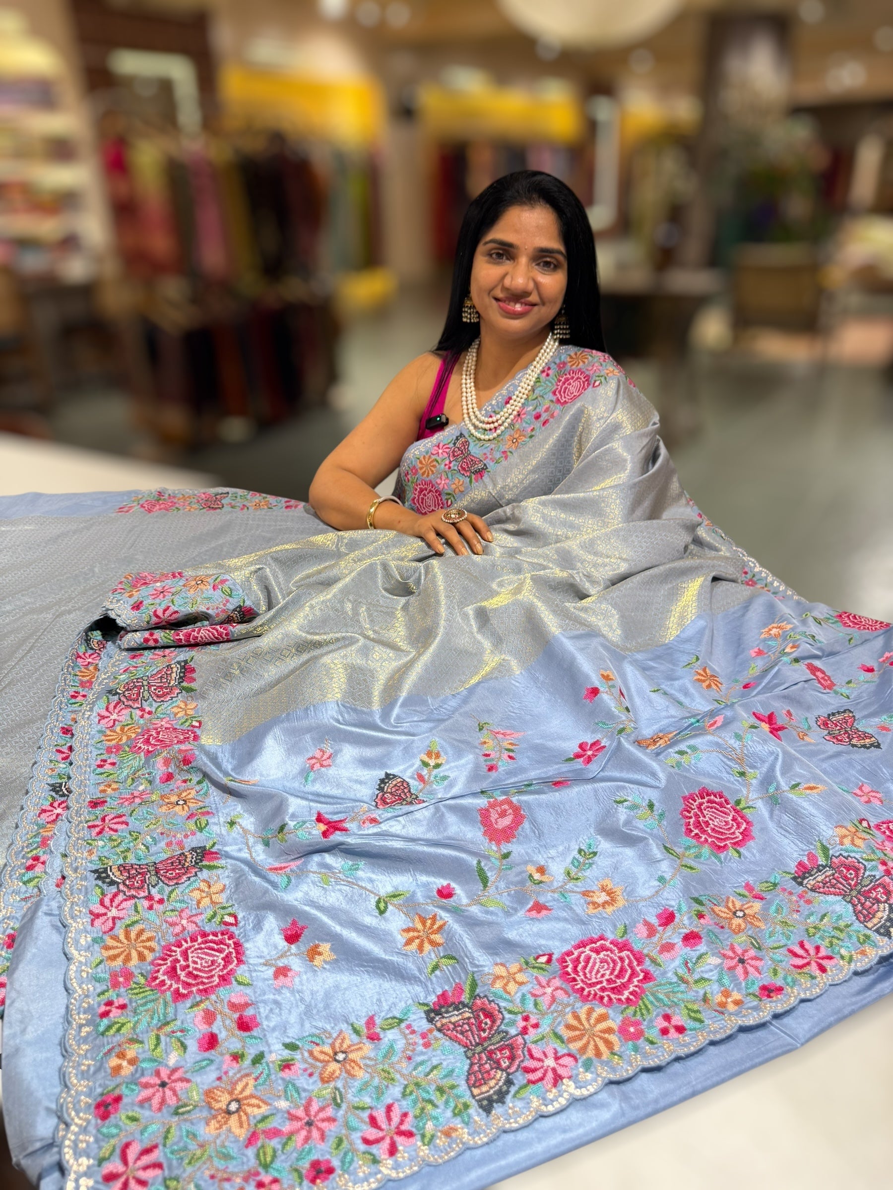 Dusty Blue Kanjeevaram Brocade Saree with Petite Point Embroidered Border