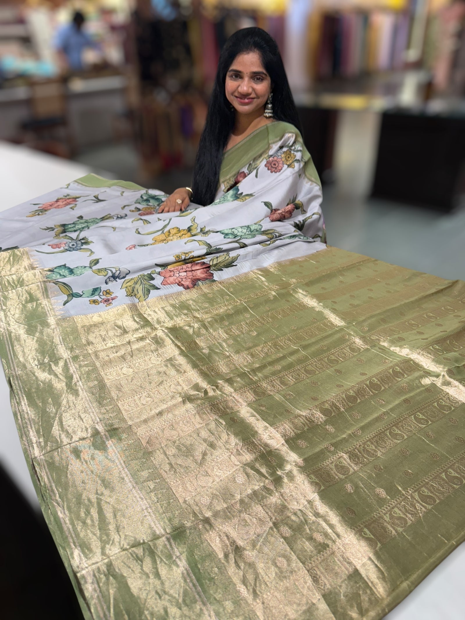 Silverish-Grey Kanjeevaram Designer print saree