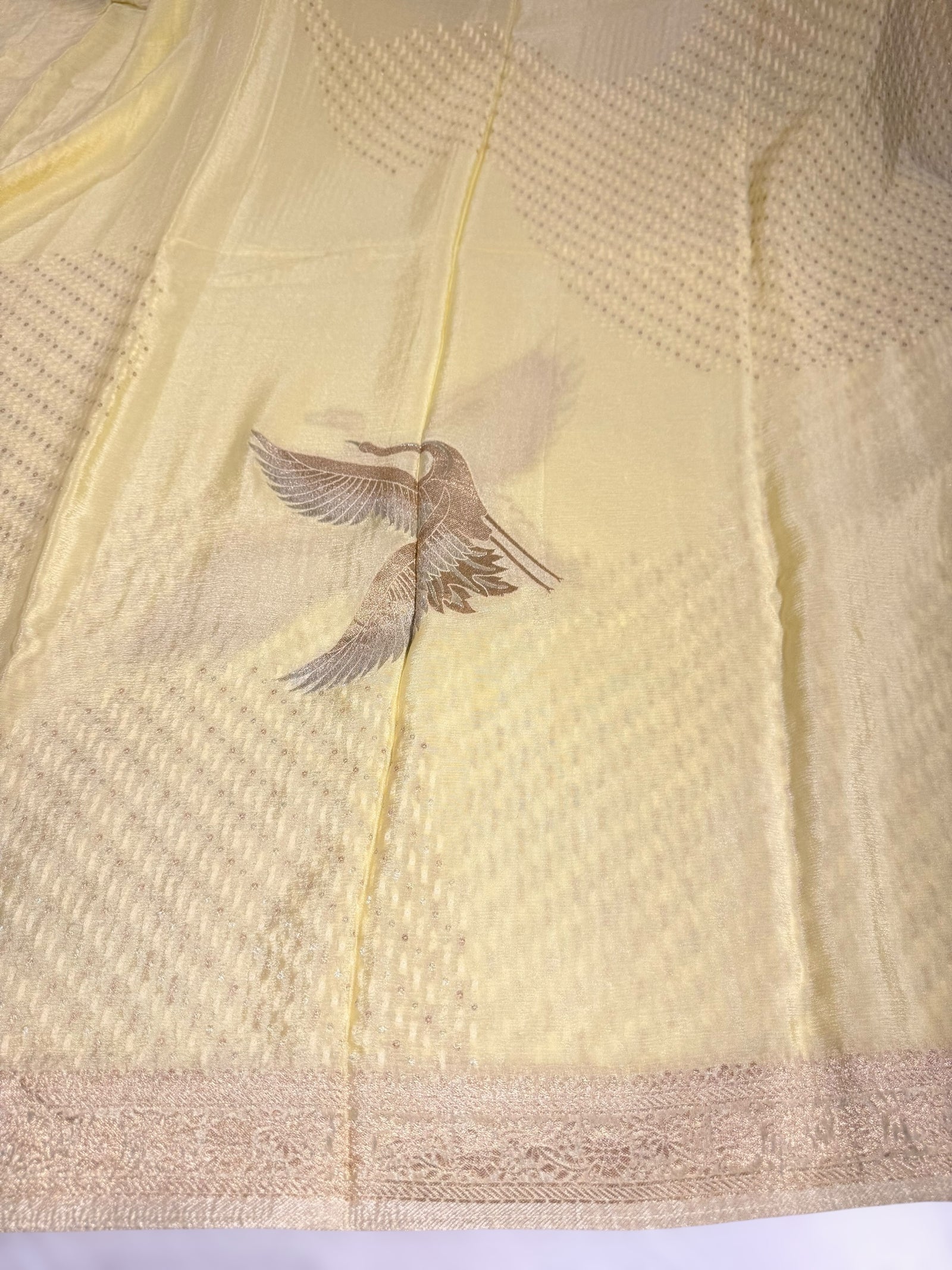 Pastel yellow banarasi chifoon  with bird weaving