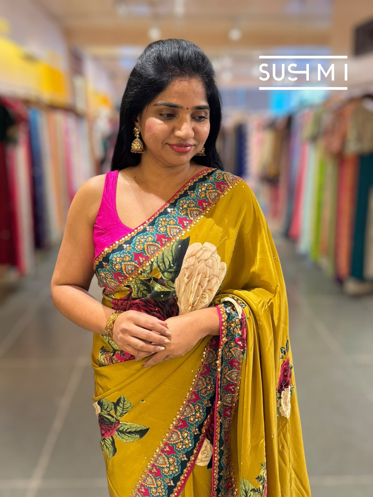 Mustard Gold Designer Crepe Silk Saree : D62F030