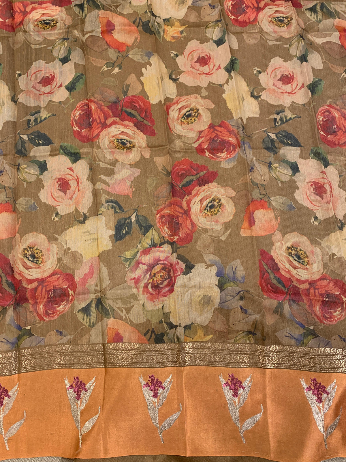 Light Brown Tussar Dhupion Saree with Floral printed mashru borders