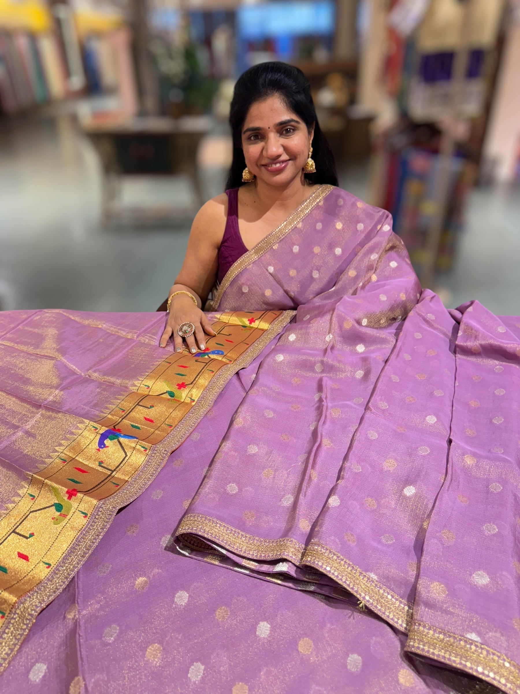 Lilac tissue Kota saree with sabyasachi borders and fancy Pythani tissue blosue