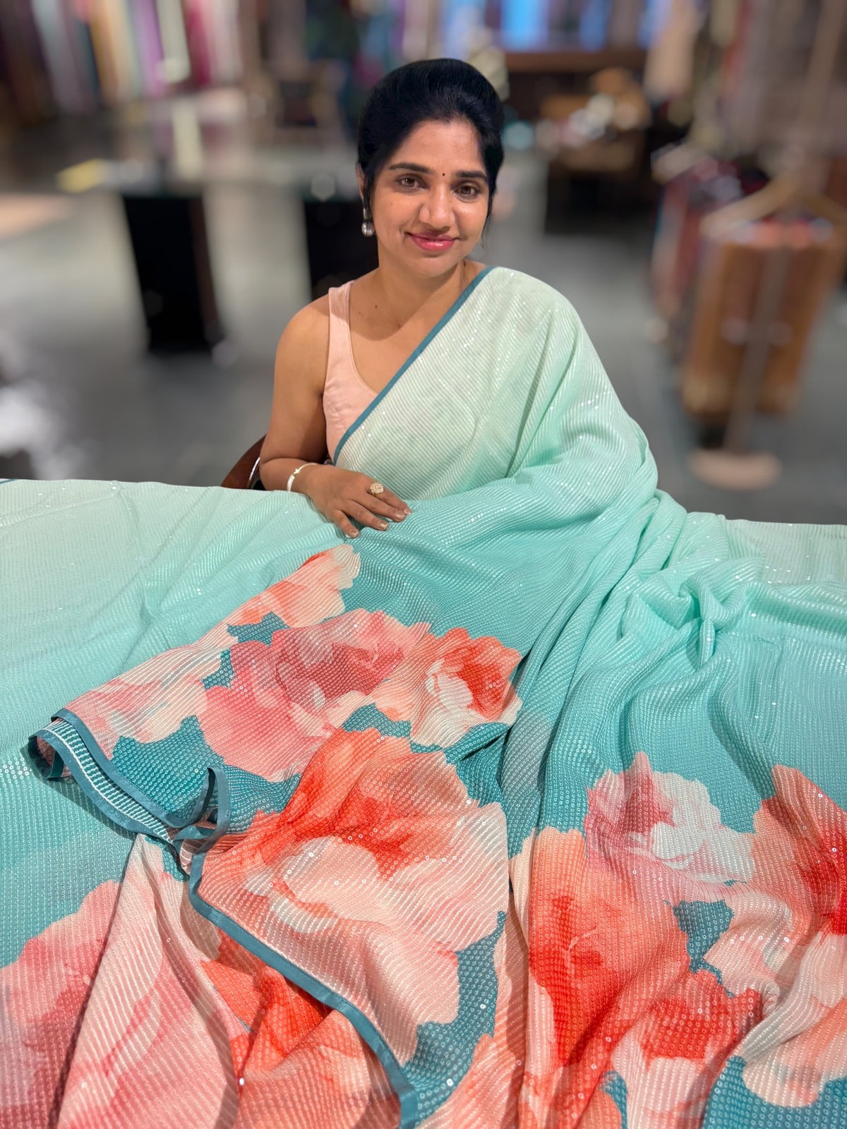 Pink & Blue shaded Georgette sequence Sarees with statement Floral print